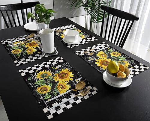 Miniatura 3 de Juego de 6 manteles individuales de girasol amarillo para mesa de comedor, color negro y blanco, a cuadros, manteles de verano florales de granja