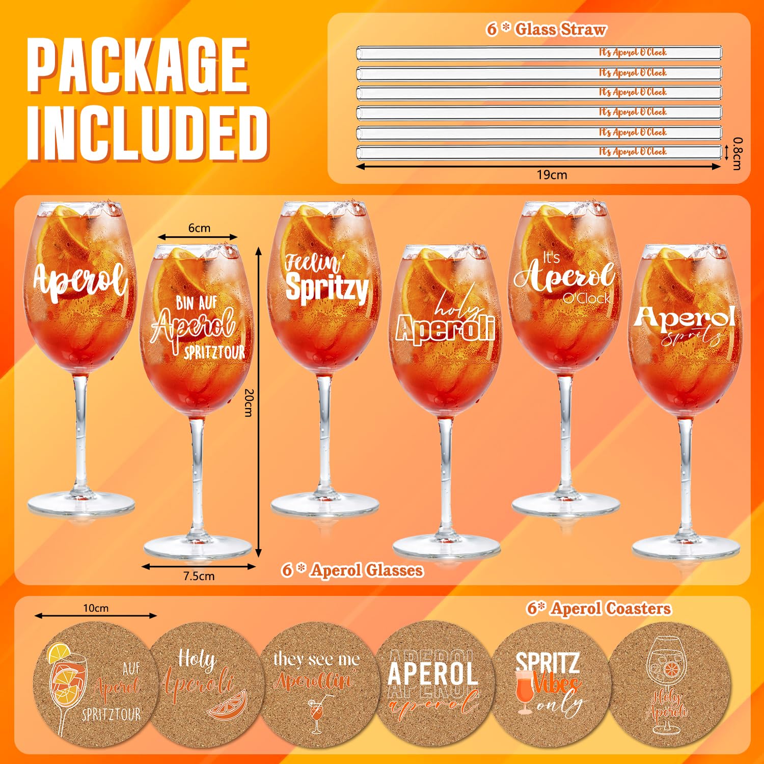 Lot de 6 verres Aperol Spritz - Ensemble cadeau - Verres Aperol premium ∣ C’est l’heure de l’Aperol, pailles pour verres ∣ Sous-verre en liège, idéal pour les fans d’Aperol (6)