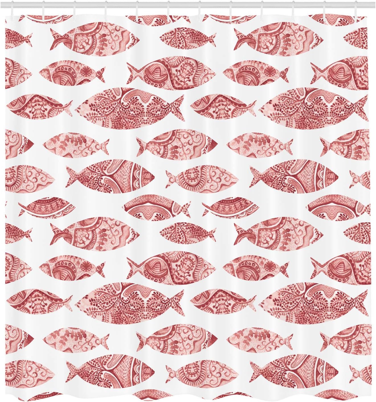 Ambesonne Nautical Shower Curtain, Fish Sea Animal with Ottoman Ornate Mosaic Hand Drawn Style Marine Artwork, Cloth Fabric Bathroom Decor Set with Hooks, 70" Long, Pastel Pink