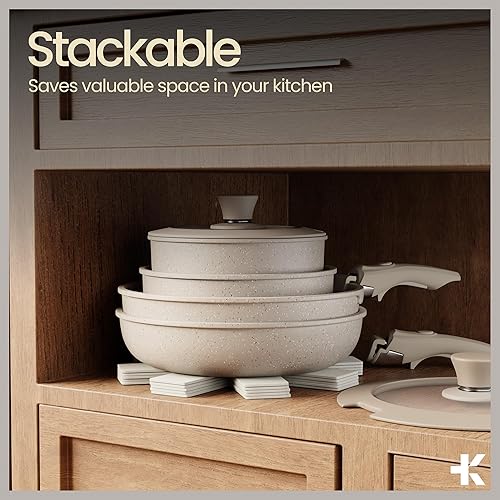 Miniatura 6 de Bakken - Juego de utensilios de cocina de aluminio recubierto de cerámica de 17 piezas, ollas y sartenes antiadherentes con tapas, utensilios de