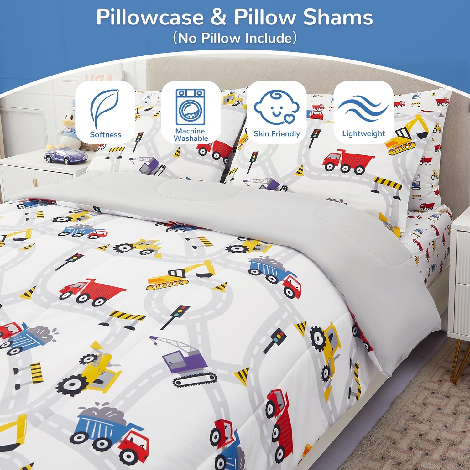 Viviland Kids Twin Bedding Sets for Boys, Girls Soft Twin Comforter Set with Sheets, 5 Pieces Microfiber Bed in a Bag, White Car Excavator - Image 6