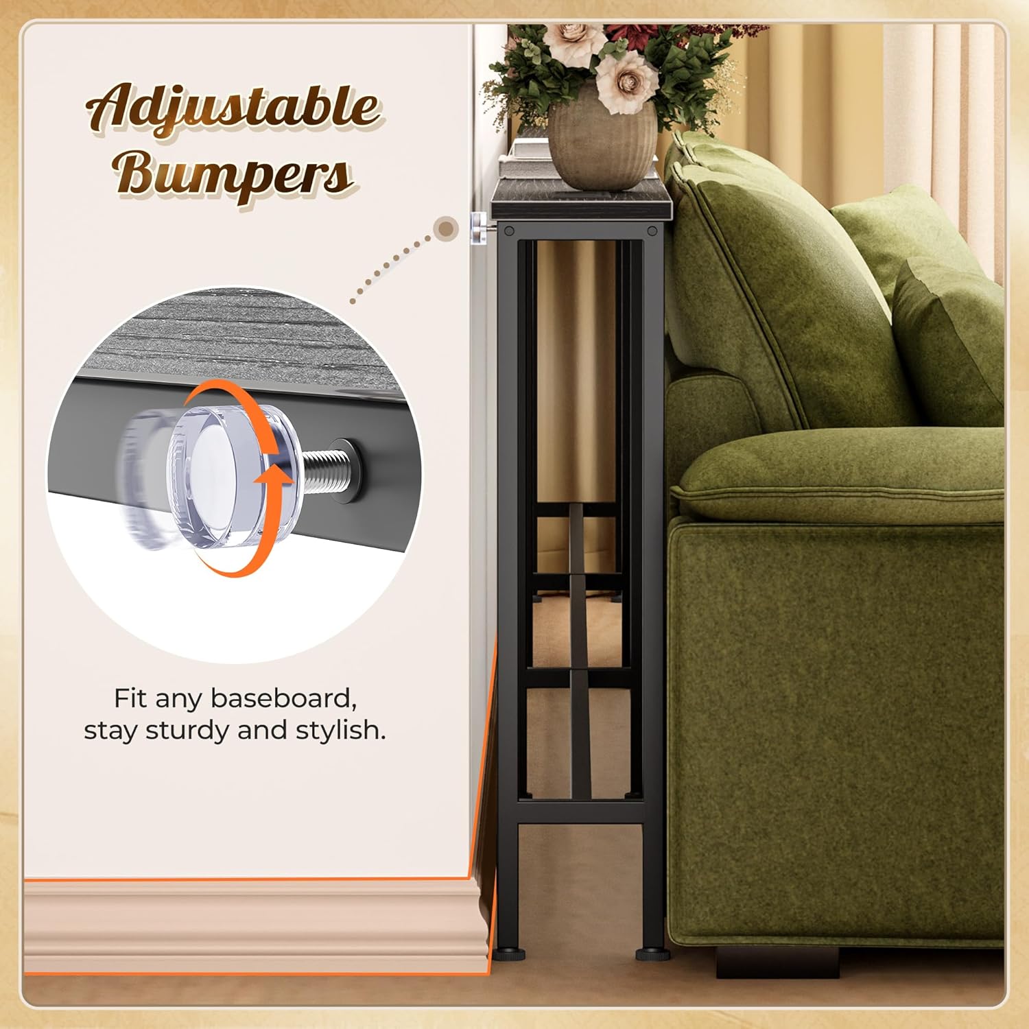 Close-up of adjustable bumpers for baseboard clearance