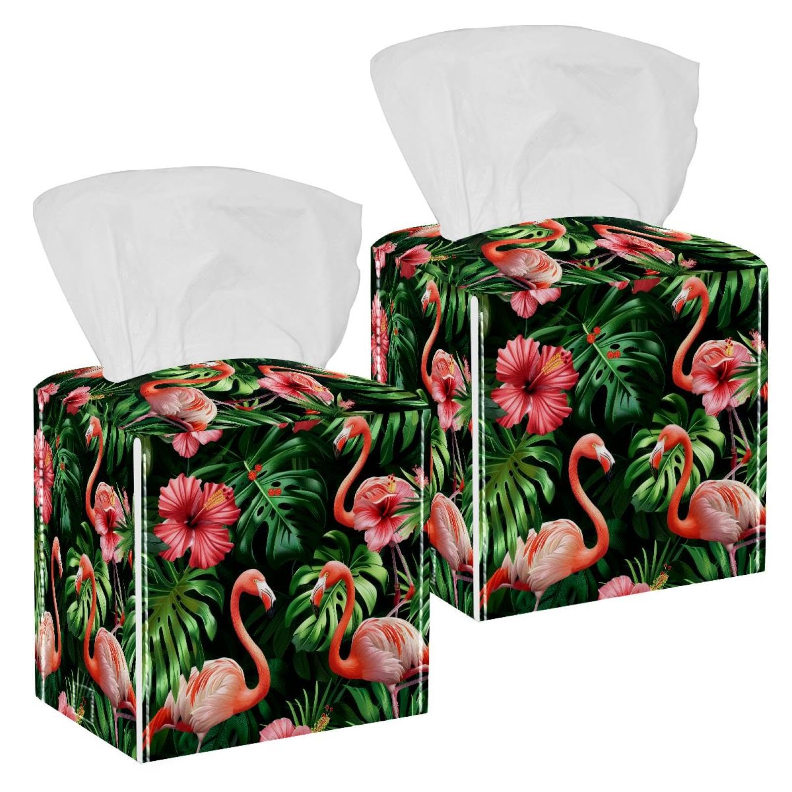 Flamingo Tissue Box Cover, 2 Pack PU Leather Square Facial Tissue Dispenser Box holder for Home Office Car