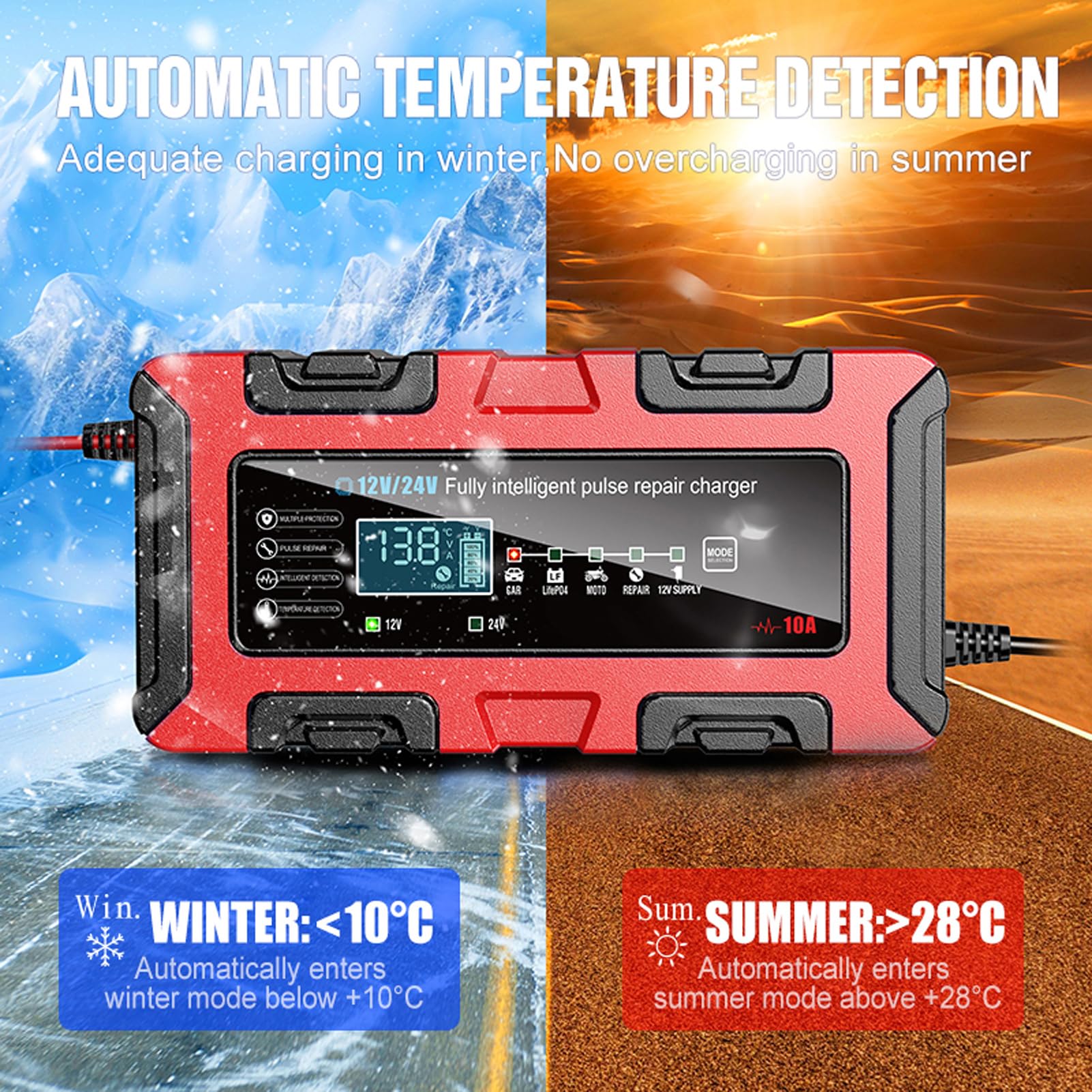 KIMISS Mainteneur de Batterie, Chargeur de Batterie Intelligent ABS 12 V 10 A 24 V 5 A avec écran LCD et Désulfateur, Chargeur de Maintien Automatique pour Voiture, Moto, Camion,