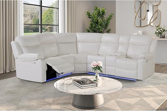 Sectional Sofa with Right Arm Facing Chaise, Pillow Top Arms, 2 End Position Recliners and Built-in Console Storage, On-Site Assembly Required,WhiteUpholstered5Sea