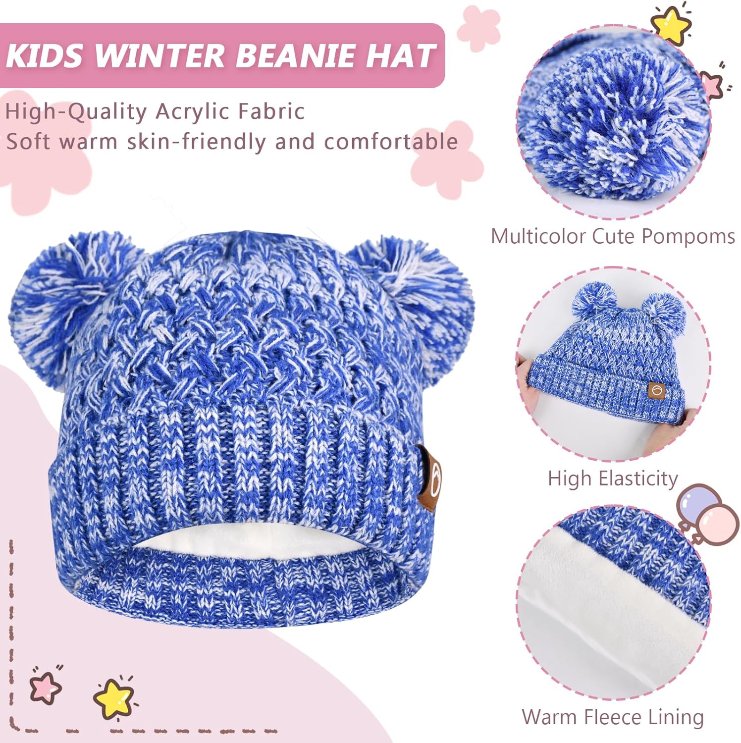 Kids Winter Hat Gloves Scarf Set,Toddler Girls Winter Hat Kids Beanie with Pom Neck Warmer Gaiter Mittens Fleece Lined Set - Image 2