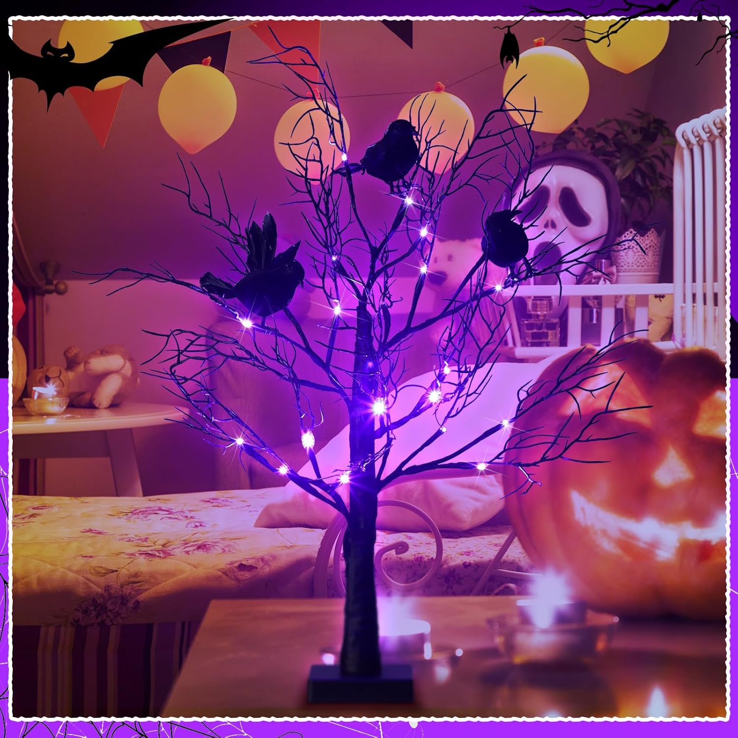 Realspring 2 Pcs Glowing Tree with Crows Lighted Mini Birch Tree 24 LED Black Crows Table Decoration for Tabletop Centerpiece Xmas Indoor Home Decor, Operated by Battery