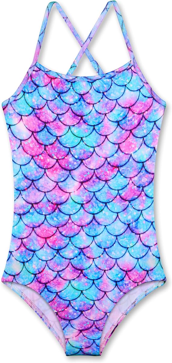 Traje de baño de una pieza para niña de 4 a 12 años con tirantes cruzados ajustables, traje de baño brillante para playa y piscina