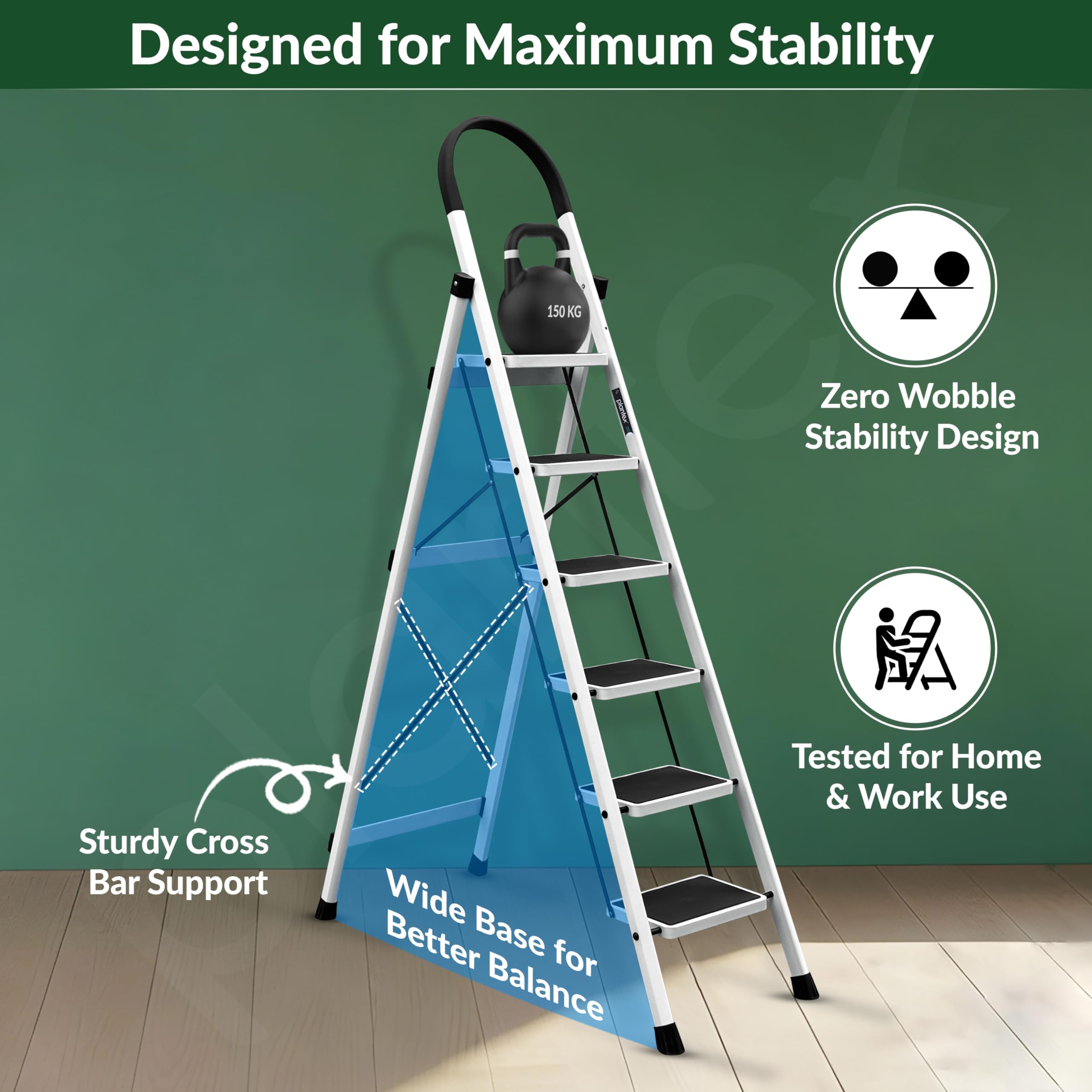Plantex Ladder for Home 6 Steps/Foldable Ladder with Anti-Skid Wide Steps (30L x 20W cm)/Strong D-Shape Pipe with X-Support for More Stability/5 Year Warranty(Apex-White) — Amazon image 6