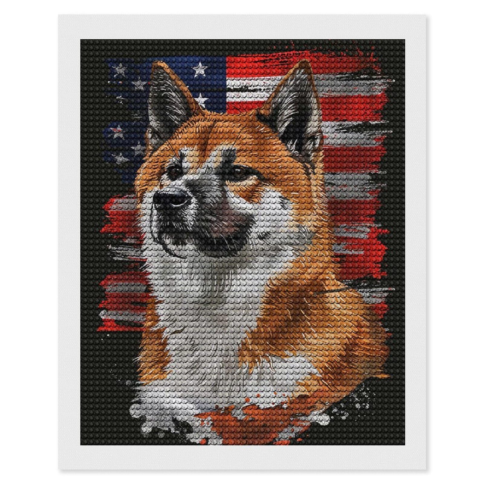 Junmoney Akita American Flag DIY Diamond Art Canvas Kit 16"x20", Winter Craft, Mindful Craft Project, Aesthetic Room Decor, Decor Project
