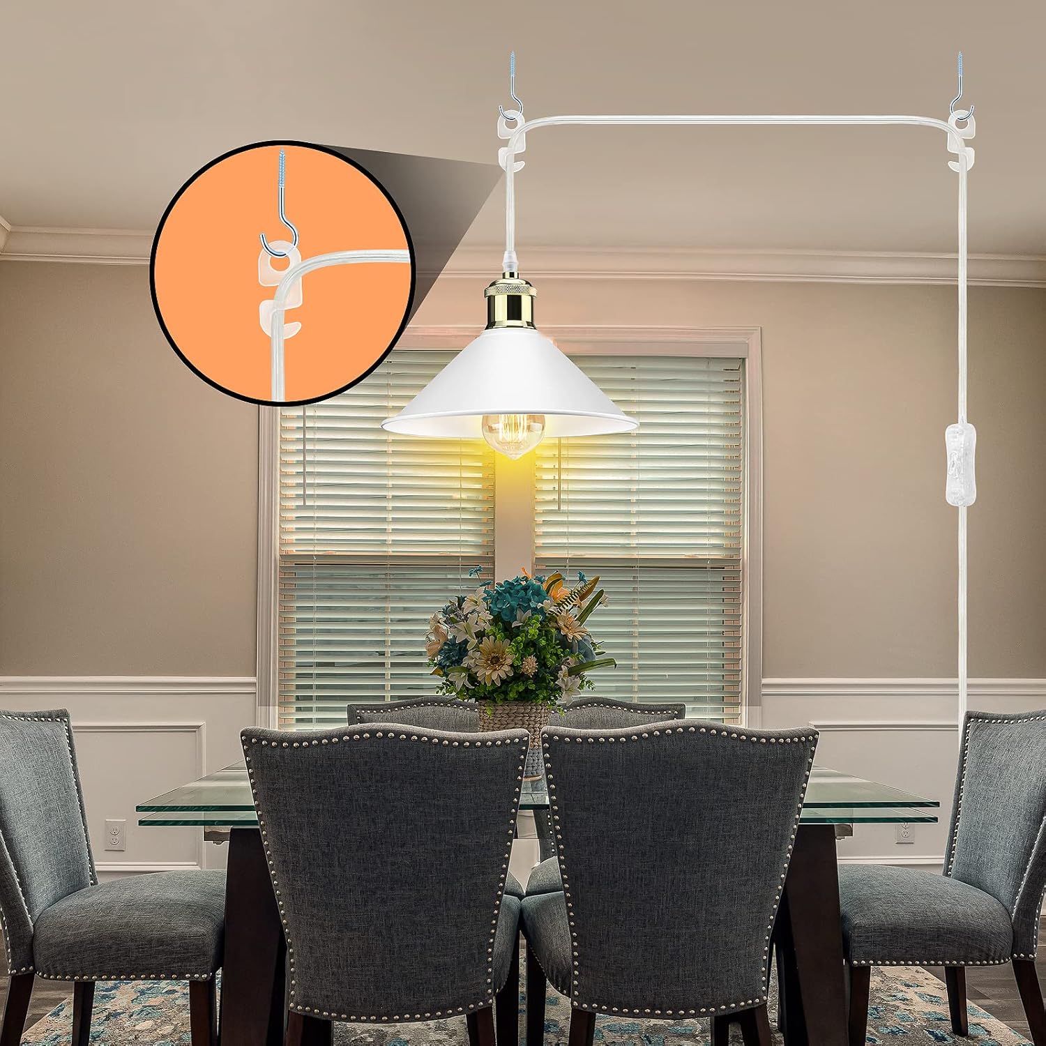 LYOOWNG Plug in Pendant Light, Industrial Hanging Light with Plug in Cord On/Off Switch, Modern Pendant Light with Plug in Cord, Farmhouse Pendant Light Fixture, White