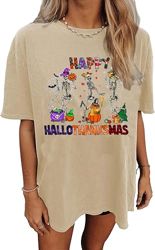 Wudlads Happy Hallothanksmas T Shirt Women Halloween Pumpkin Skeleton Graphic Te