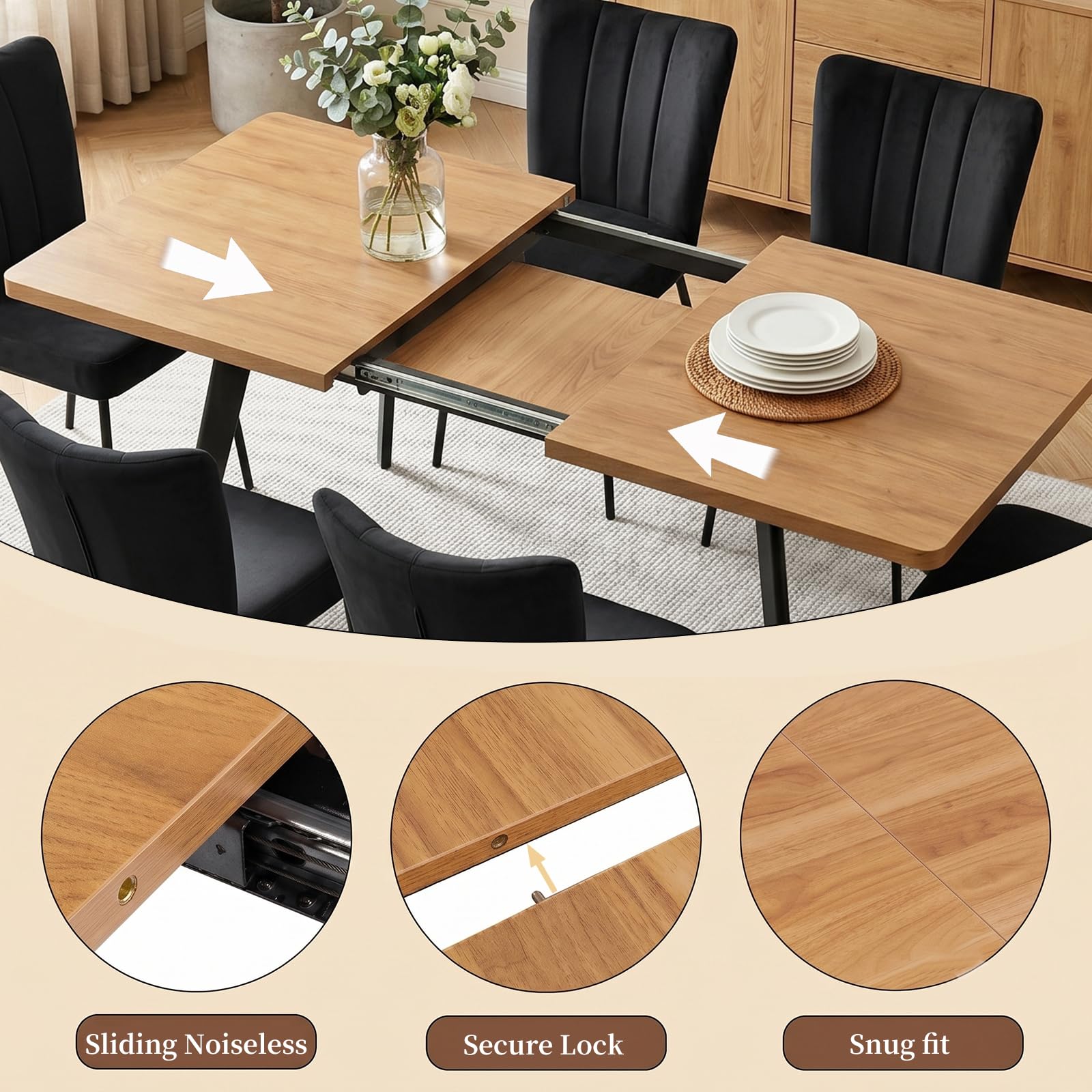 JIEXI Ausziehbares Esstisch-Set mit 6 Stühlen, platzsparender MDF-Tisch und stabilem Metallgestell, ideal für Esszimmer, Küchen und Wohnungen – Tisch in Eiche + Stühle mit schwarzem Samtbezug