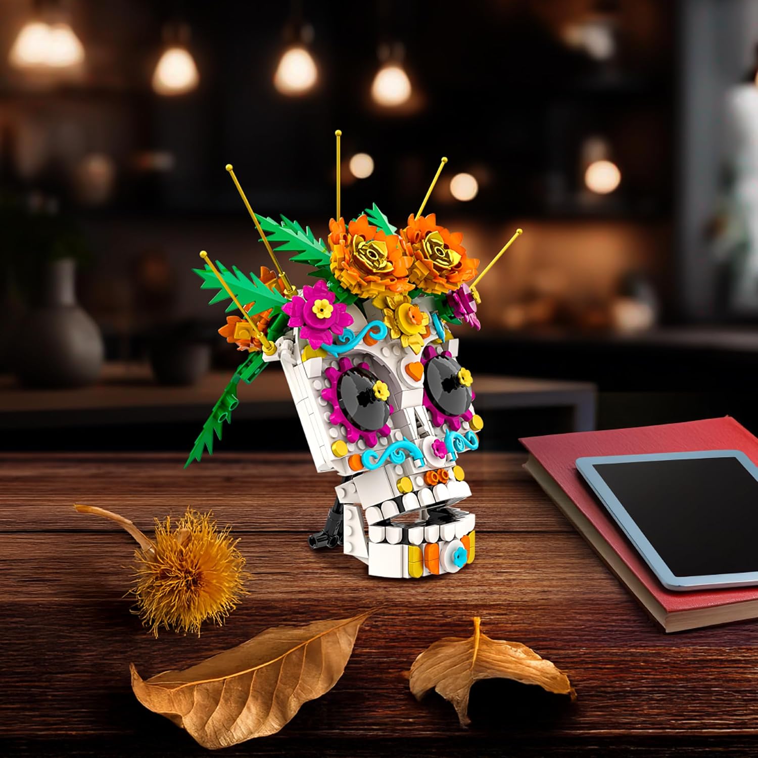 Brickcraft Sugar Skull Building Kit, 354 Pieces | Day of The Dead & Día de Los Muertos Decoration | DIY Floral Skull with Display Stand | Colorful Halloween & Fall Home Décor Gift, Ages 8+