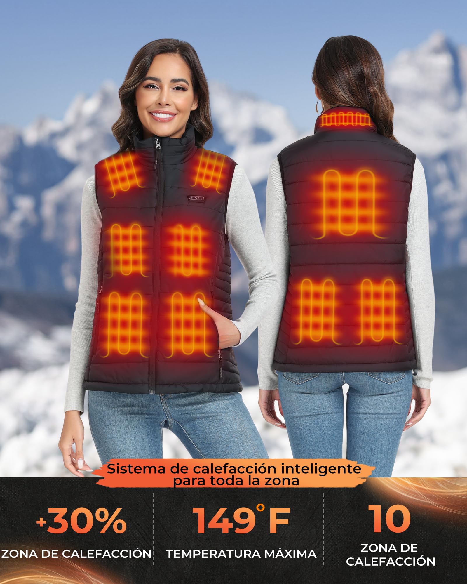 Topdot Chaleco Calefactable Mujer, Chaleco Térmico con Batería de 7.4V 16000mAh, 10 Zonas de Calentamiento, Chaleco Calefactable Eléctrico Ligero con 3 Temperaturas para Trabajo al Aire Libre