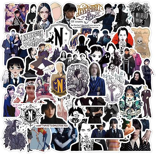 Miniatura 6 de Paquete de 52 calcomanías estéticas de Addams geniales y coloridas series de televisión impermeables divertidas calcomanías de vinilo de dibujos