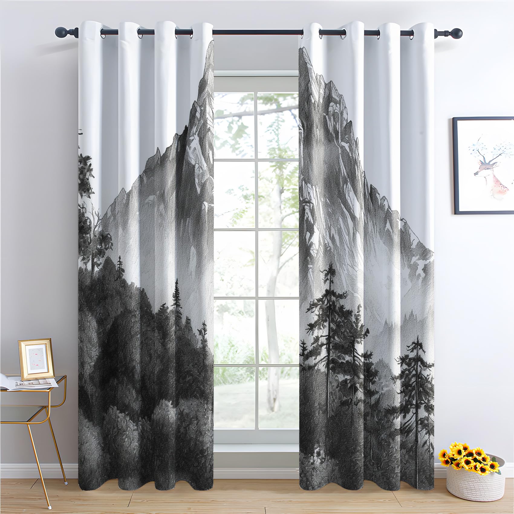 Rideau Occultant et Isolant Thermique pour Salon Chambre, Motif Paysage, à Oeillets - Lot de 2 Draperies Intérieur Naturel 140x240cm LxH
