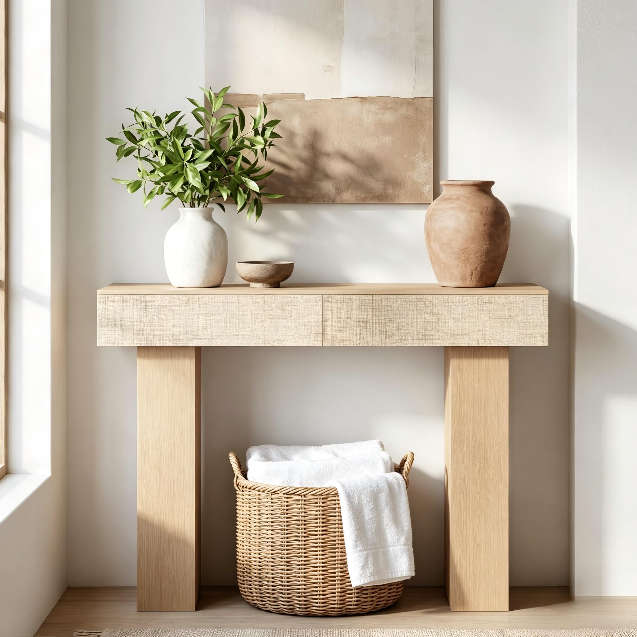 Consolle con 2 Cassetti in Rattan, 114 cm Tavolo Divano Moderno con Ripiano, Struttura in Legno Ingenierizzato per Ingresso, Soggiorno e Corridoio