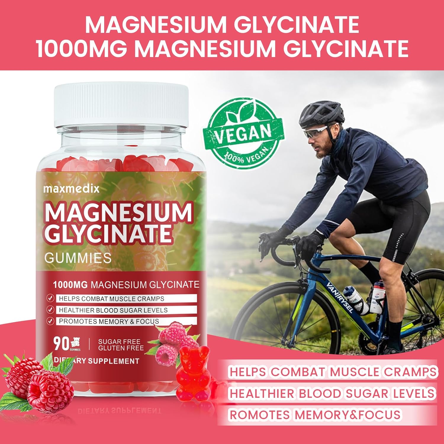 Magnesium Glycinate Gummies 1000mg, Sugar Free Magnesium Potassium Supplements Chewable for Adults with L-Threonate for Sleep, Body Support and Relaxation,90 Raspberry Gummies - Image 8