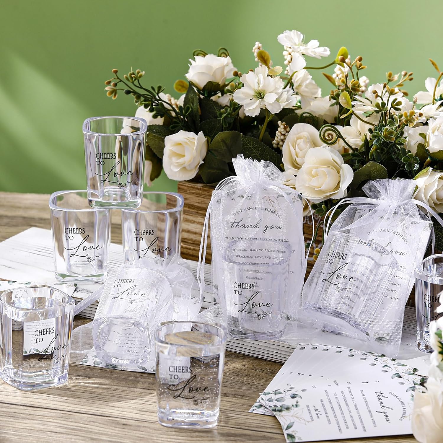 Sliner 50 Set Wedding Favors for Guests Bulk 2oz Acrylic Cheers to Love Shot Glasses with Thank You Cards Organza Bags for Guest Souvenirs (Cylinder,Cheers to Love)