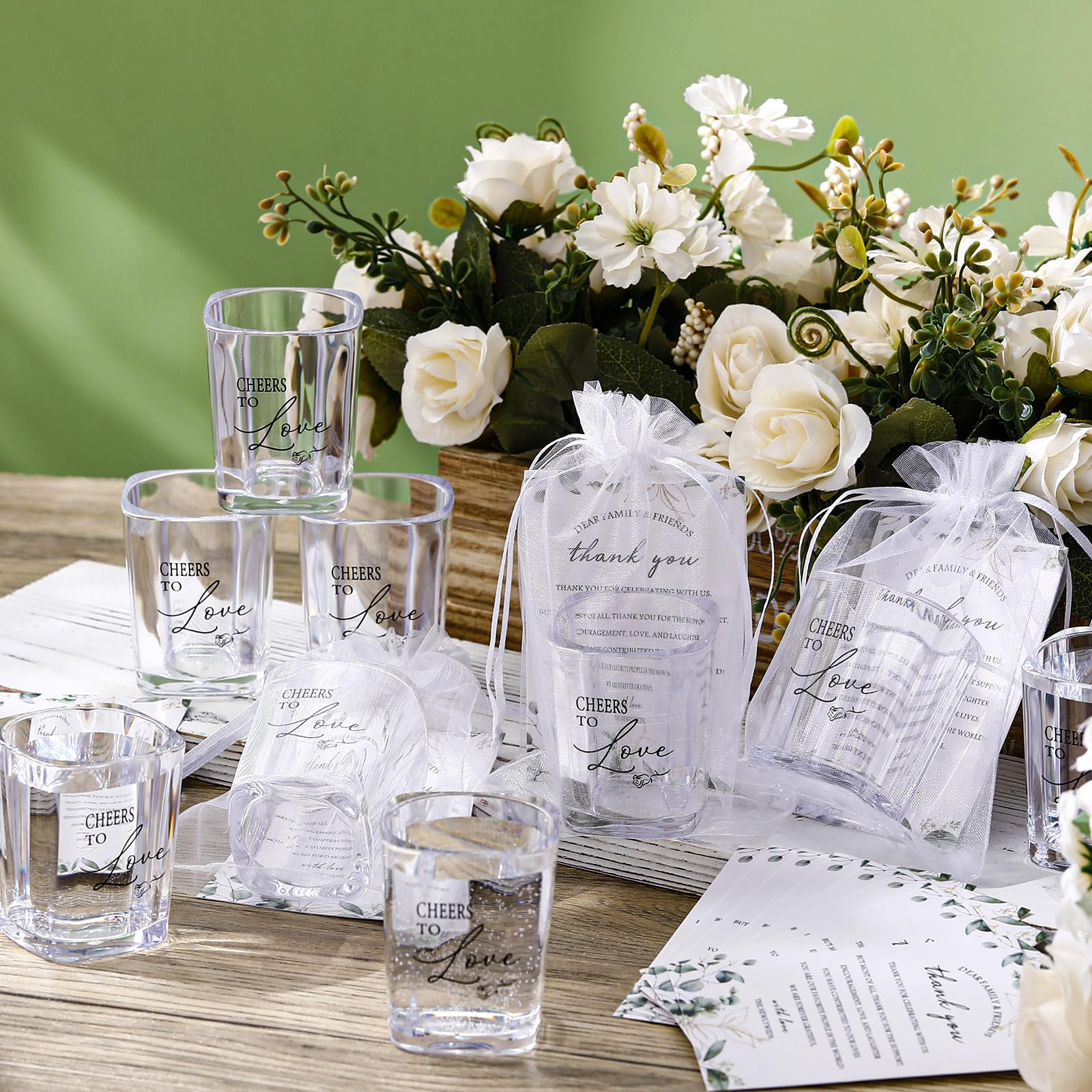 Sliner 100-teiliges Hochzeitsgeschenk-Set – Acryl-Schnapsgläser, Dankeskarten, Organzabeutel, 'Take A Shot We Tied The Knot'