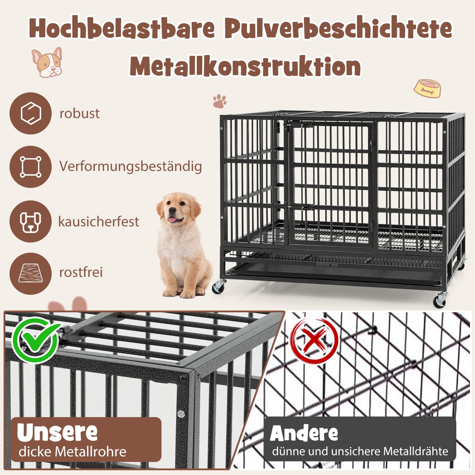 COSTWAY Hundekäfig faltbar mit 2 Türen, Transportkäfig mit Rollen & ausziehbarem Tablett, Transportbox Haustierkäfig Metall, Hundebox für große & mittelgroße Hunde, schwarz (96 x 65 x 77 cm)