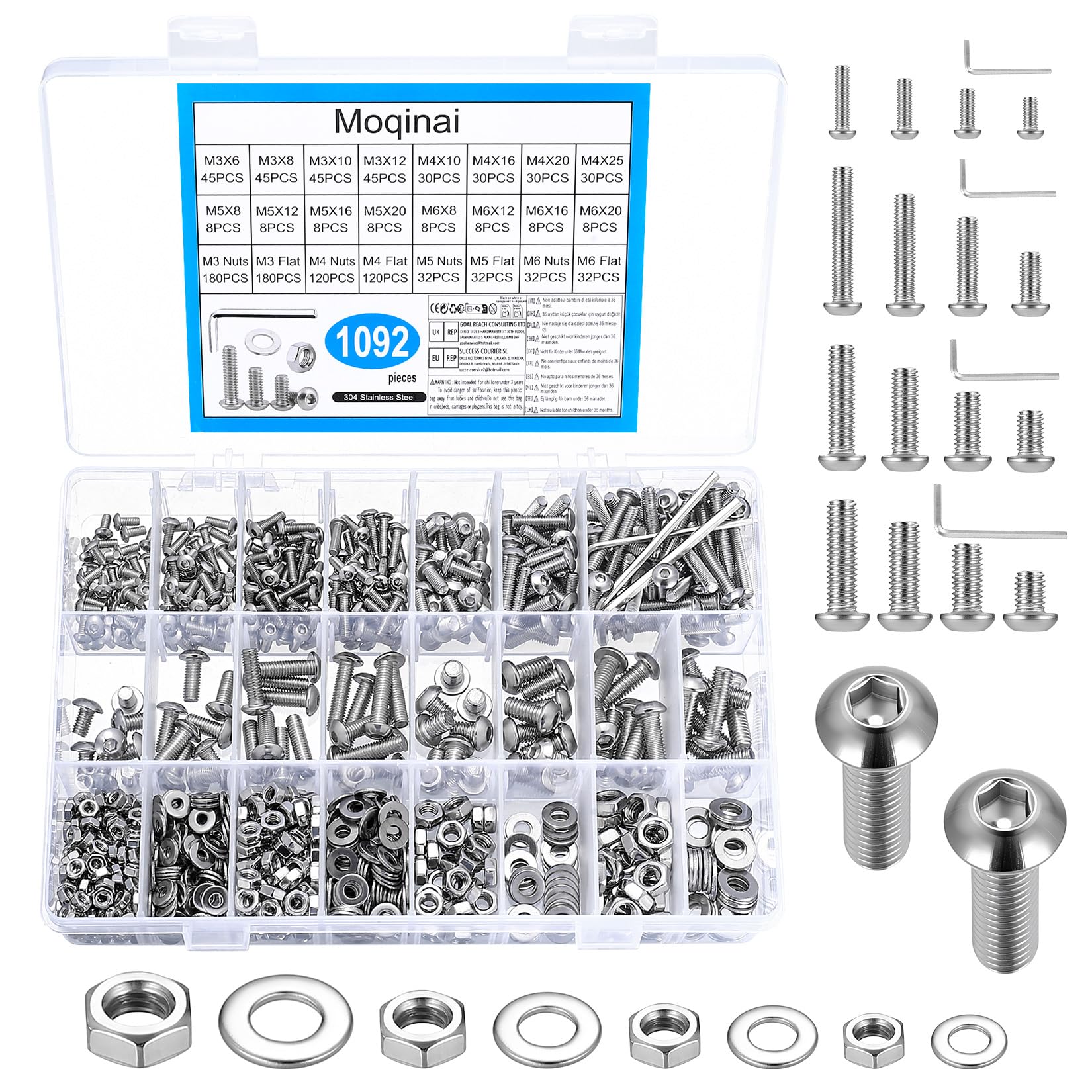 1092 Pcs M3 M4 M5 M6 Stainless Steel 304 Button Head Socket Screw Set, A2 Allen Bolts with Nuts & Washers, Metric Hex Socket Machine Screw Assortment Kit — image 1