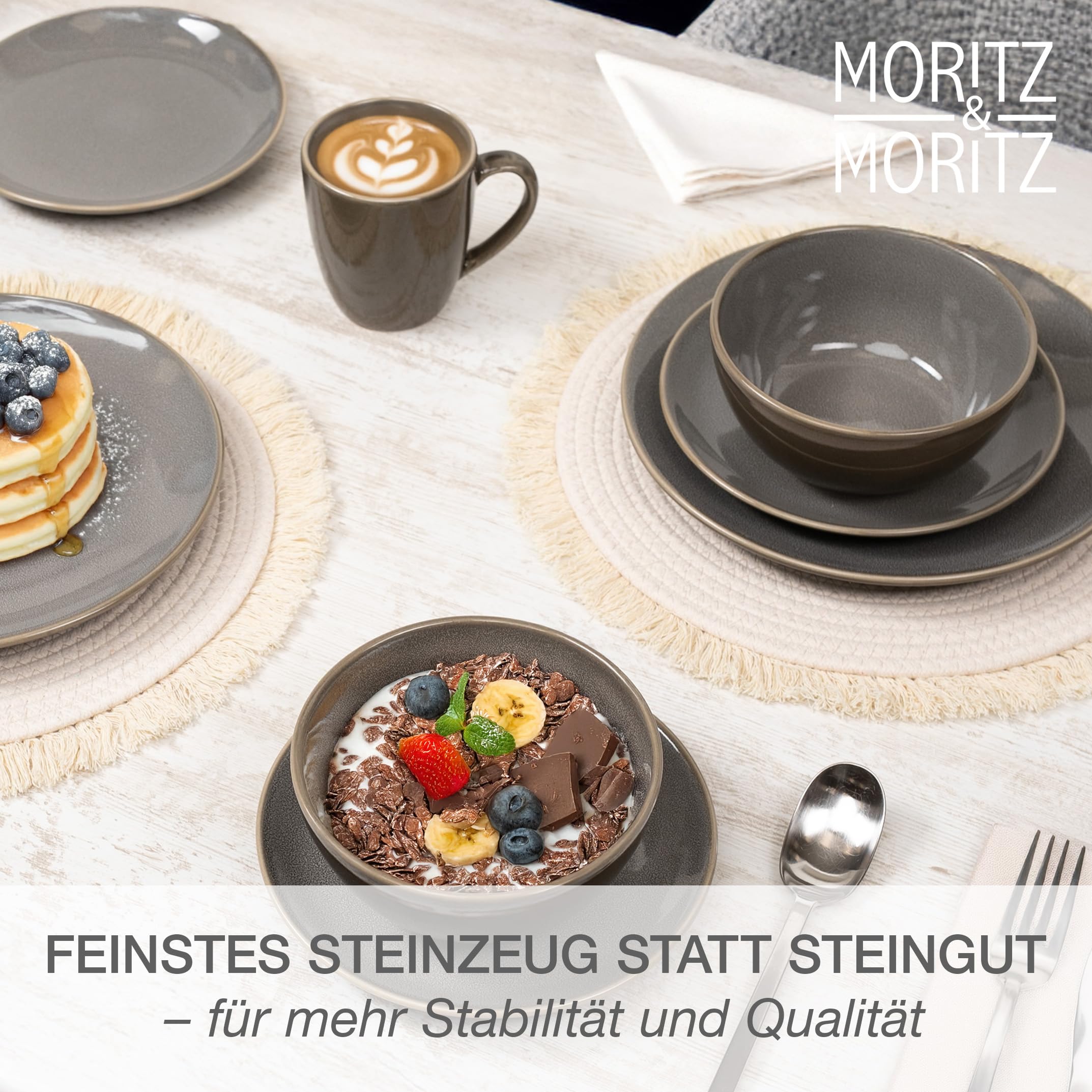 Moritz & Moritz SENSE 24-tlg. Geschirrset 6 Personen Grau Steinzeug Spülmaschinenfest Mikrowellenfest