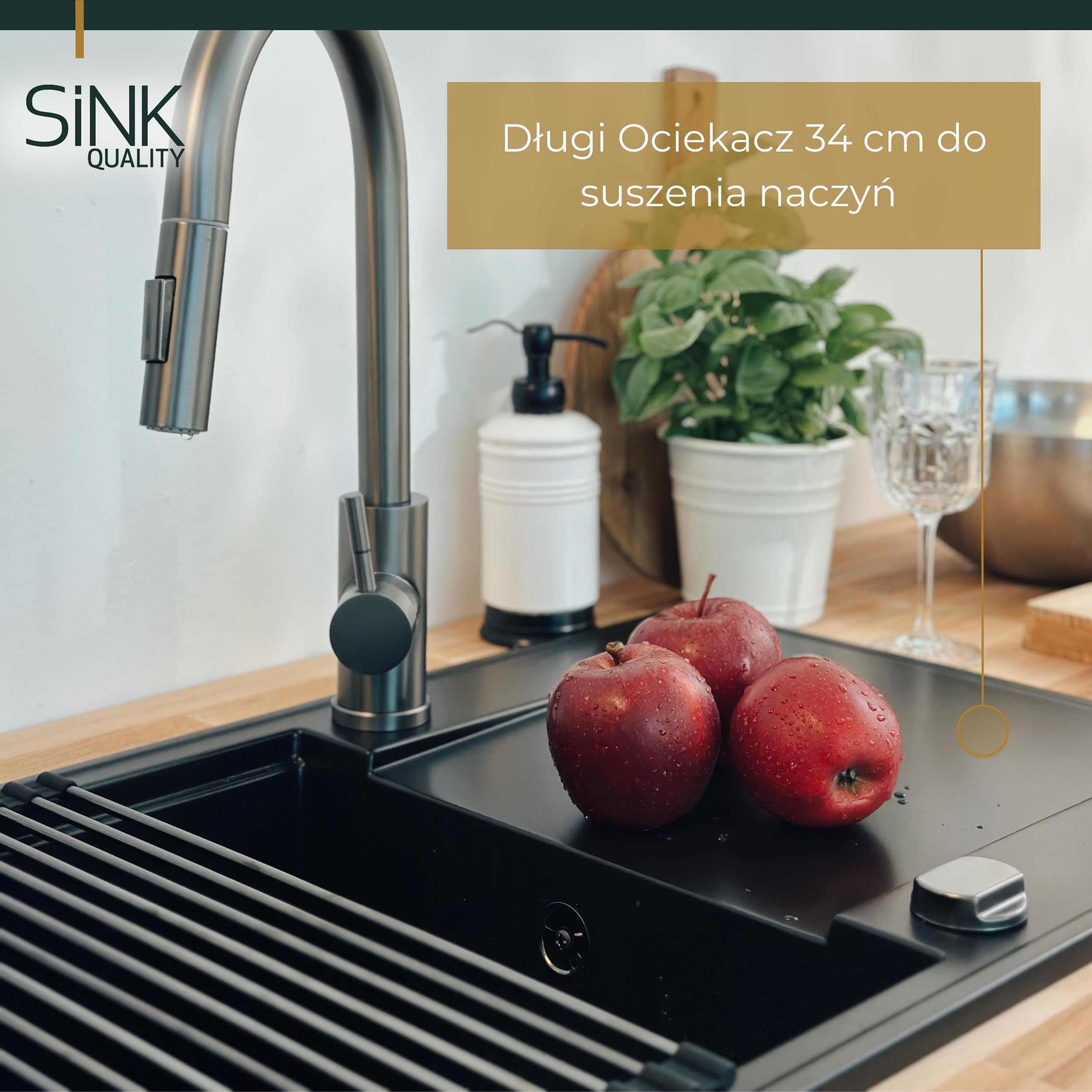 SINK Quality Zlewozmywak jednokomorowy Czarny z Ociekaczem 78x46 cm - W zestawie syfon z przyciskiem i impregnat - Granitowy Zlew Kuchenny do szafki o szerokości od 60 cm
