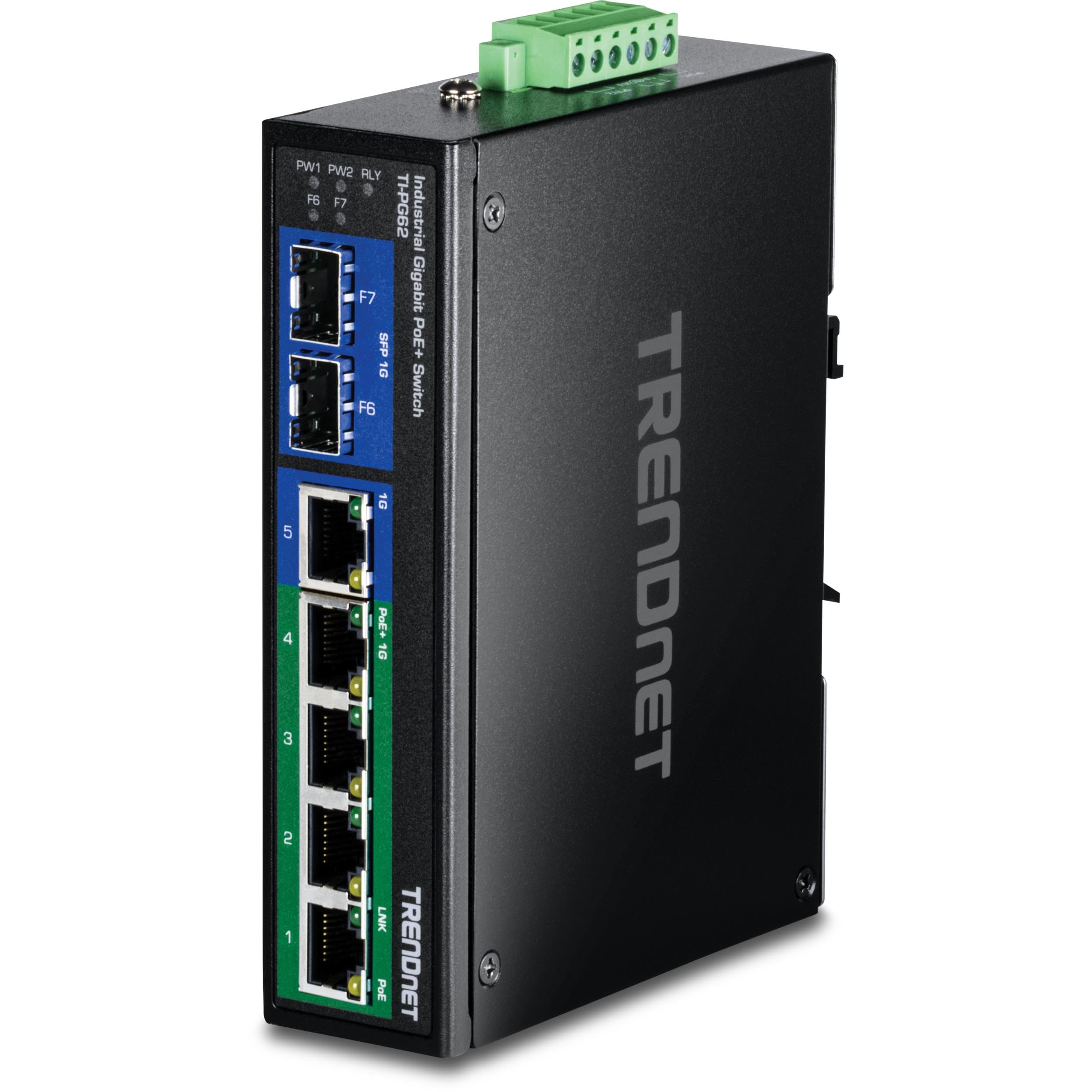 TRENDnet 7-Port Industrial Gigabit PoE+ DIN-Rail Switch, TI-PG62, 120W PoE Power Budget, 14Gbps, IP50 Rated, NDAA & TAA Compliant, Ethernet Splitter, Lifetime Protection
