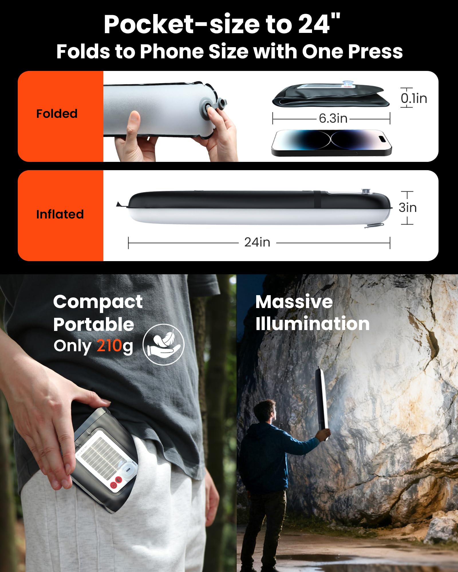 Lanterna solare gonfiabile da campeggio da 61 cm, luce LED magnetica con caricabatterie USB-C 4000 mAh, luce impermeabile IP66 in TPU per tenda per uragani, zaino in spalla e sopravvivenza off-grid