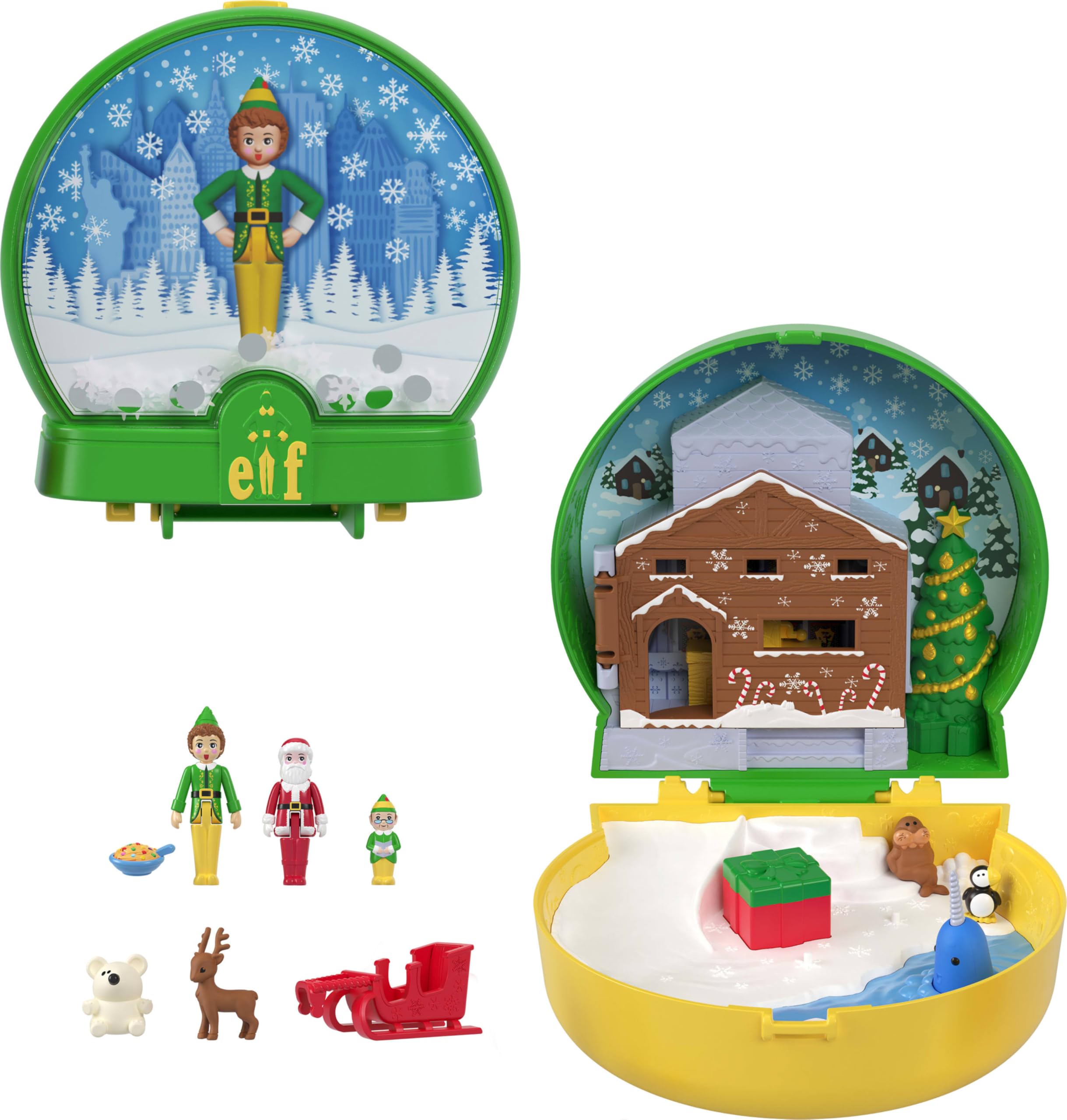 Polly Pocket x Elf Collaboration Compact, Micro Buddy & Santa Dolls and Holiday Theme Playset, 5 Themed Accessories Including Papa Elf, JGT05