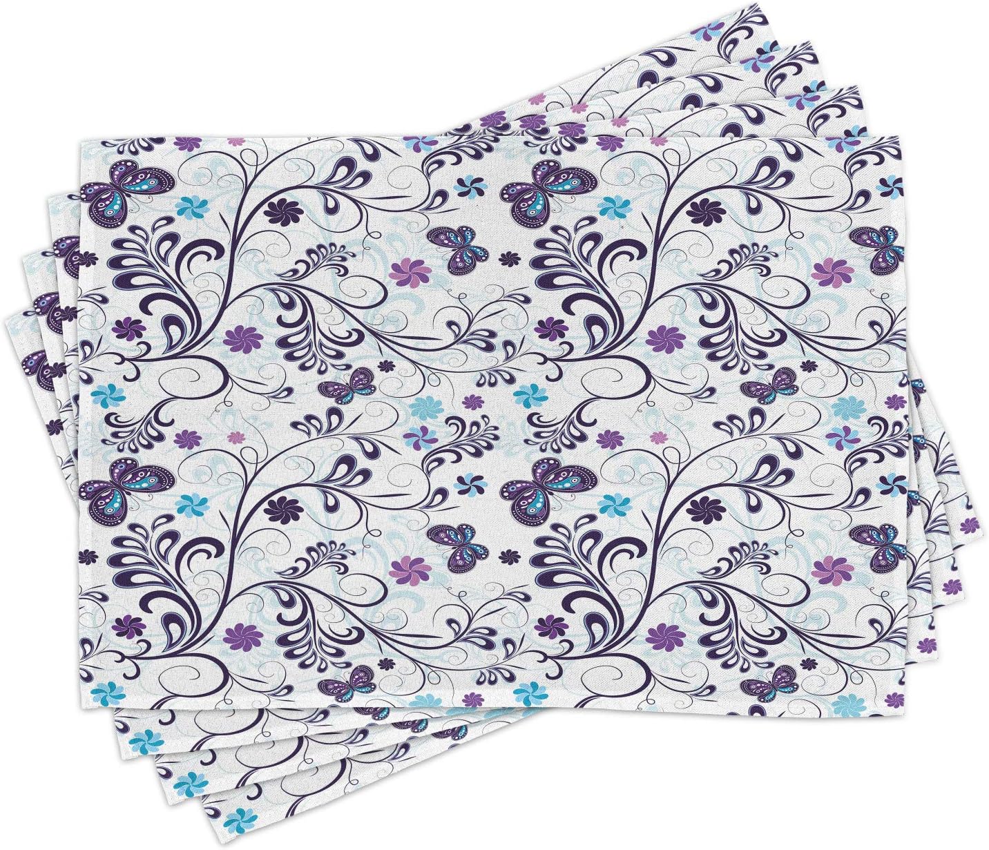 Ambesonne Floral Place Mats Set of 4, Spring with Flying Inspirational Butterflies and Swirls Branches Design, Washable Fabric Placemats for Dining Table, Standard Size, Dark Purple Pale Blue