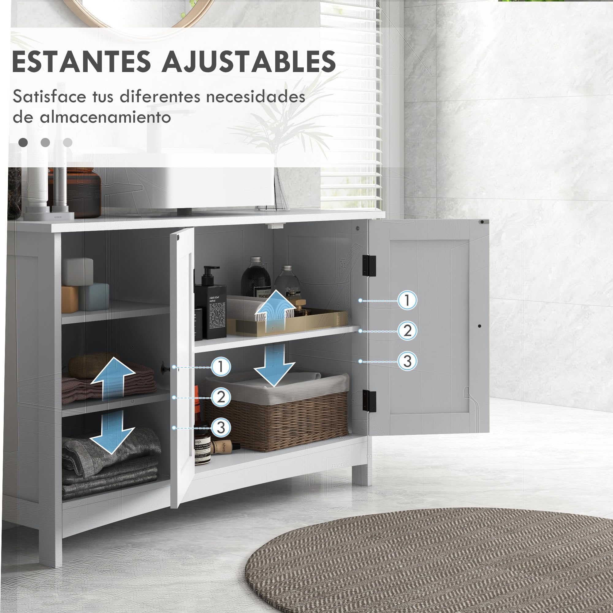 kleankin Mueble para Debajo del Lavabo Armario para Baño bajo Lavabo Moderno con Estantes Ajustables 2 Puertas y Antivuelco 90x30x60 cm Blanco