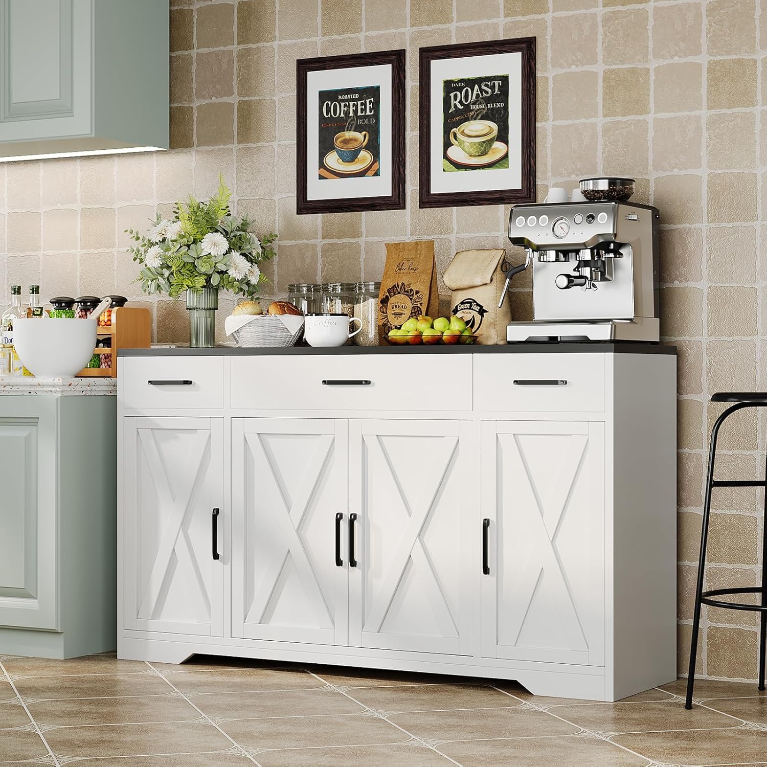 Modern Buffet Sideboard Kitchen Storage Cabinet With 3 Drawers, 55" Large Farmhouse Buffet Cabinet With Shelves and Doors, Wood Coffee Bar for Living