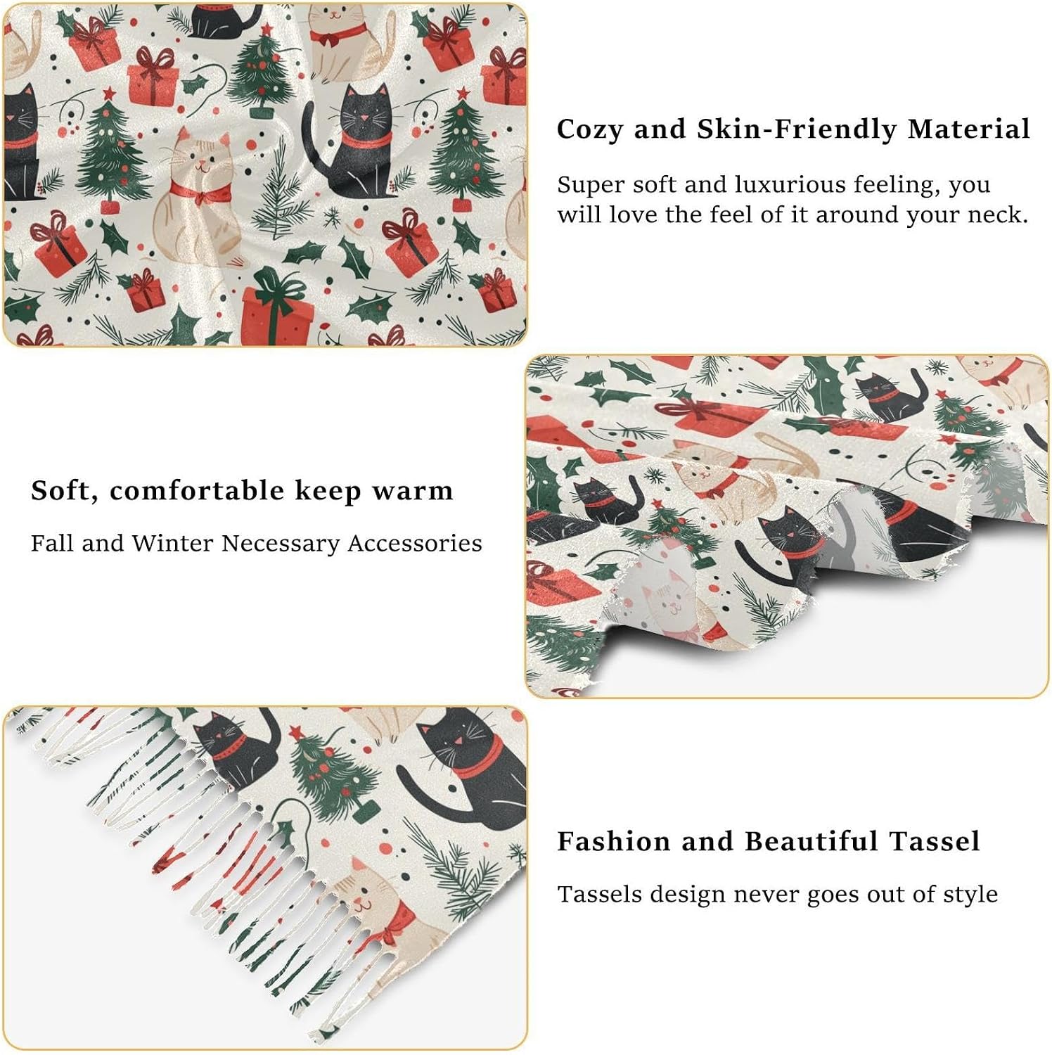 Winter Scarf for Women Cartoon Cats Christmas Gifts Fashion Tassel Shawl Wraps for Women, Cold Weather Warm Womens Scarves Soft Long Scarf Gifts