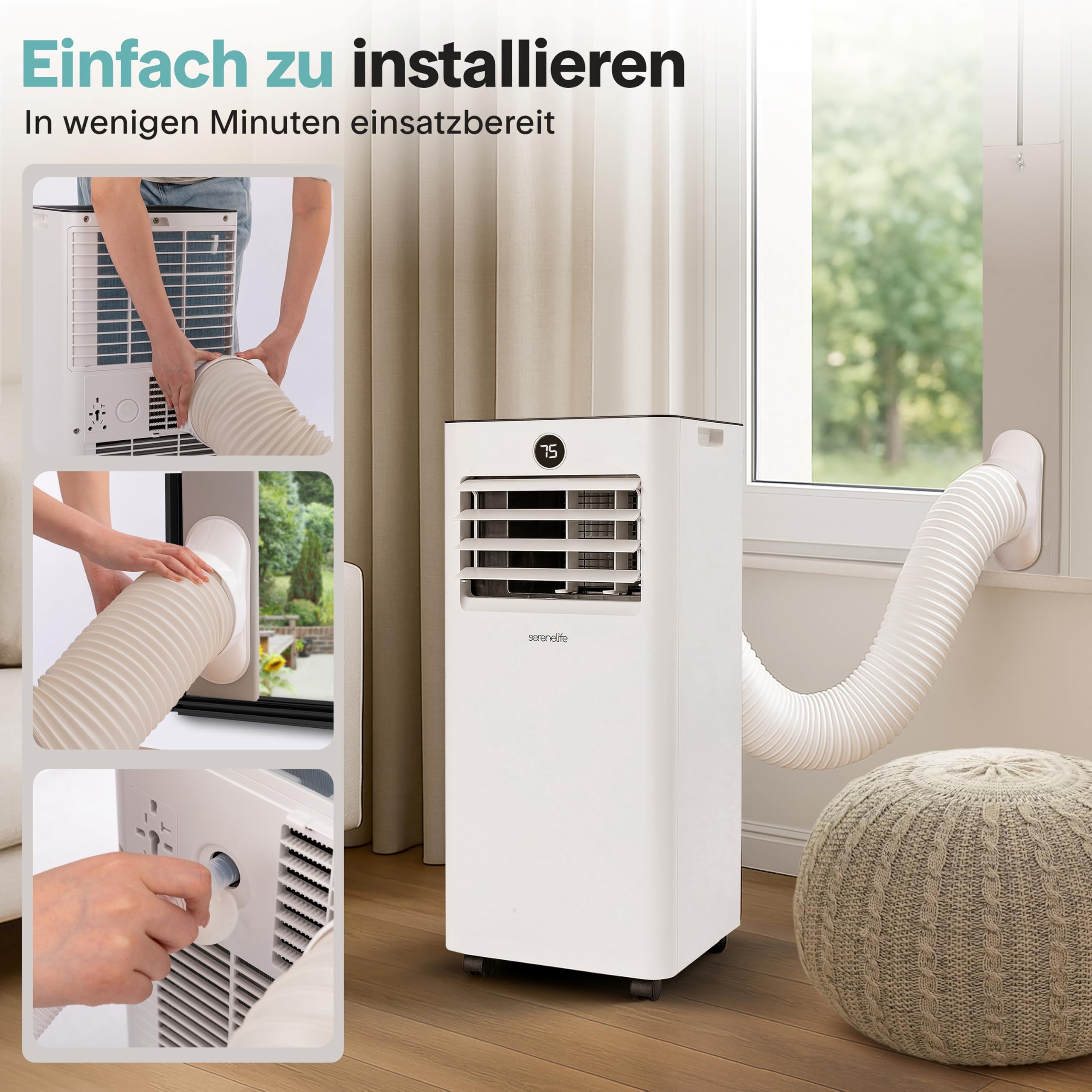 SereneLife Mobile Klimaanlage mit Abluftschlauch 9000 BTU, 4 in 1 Kühlen, Heizen, Entfeuchten und Ventilieren, Inkl. Fensterkit und Fernbedienung, bis 31 m², Perfekt für Heiße Sommertage