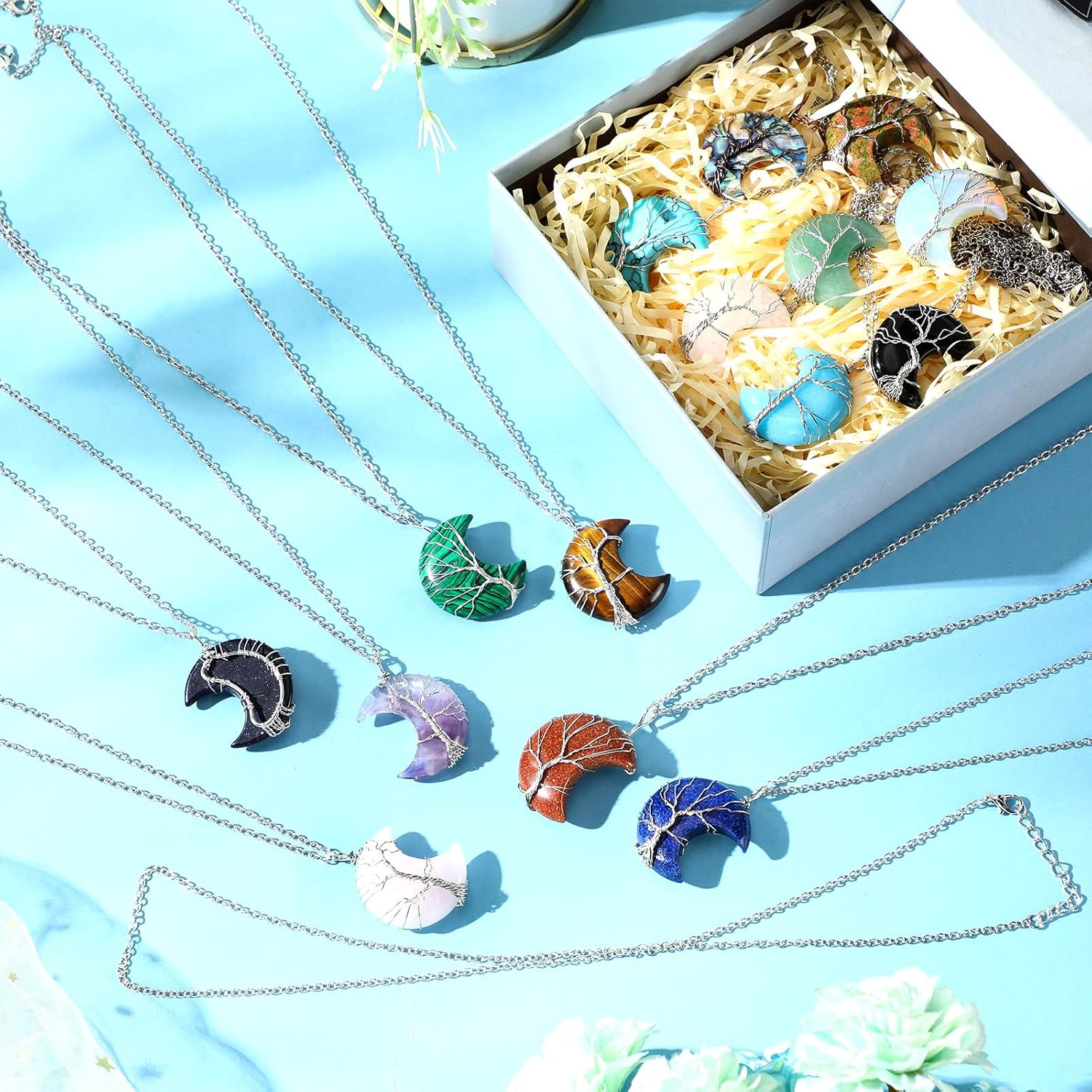 Sherr 15 Pcs Life Tree Crescent Moon Necklace Wire Wrap Natural Gemstones Pendant Healing Crystal Necklaces Reiki Spiritual Multicolored Jewelry Gift for Women - Image 6