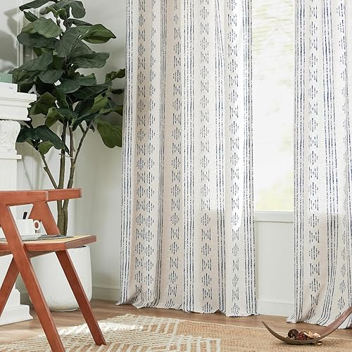 Miniatura 8 de Vangao Cortinas bohemias con rayas azules, 63 pulgadas de largo, cortinas geométricas de lino para sala de estar, tratamiento de ventanas, 2