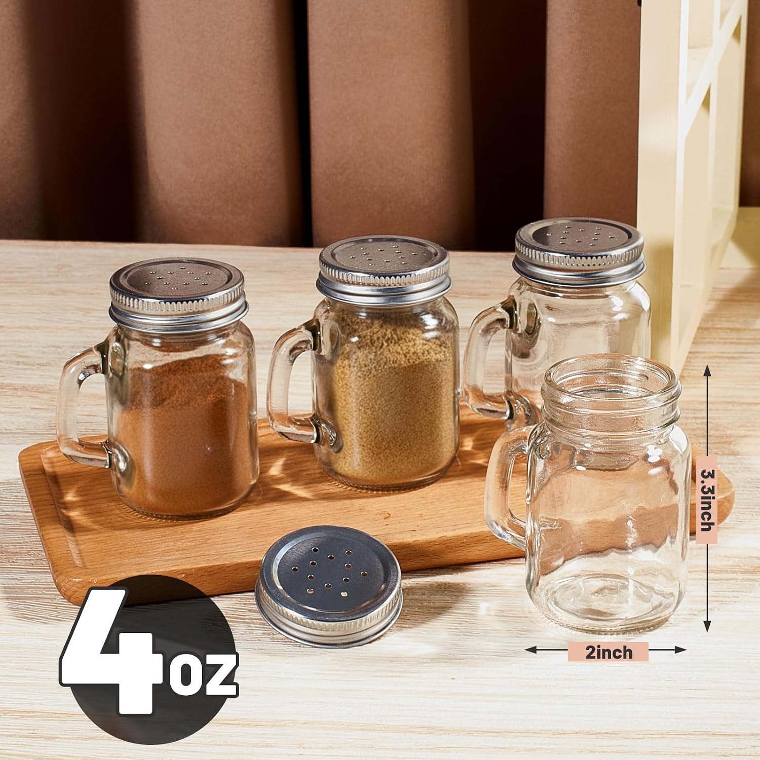 Tessco for you 1 Pcs Glass Salt and Pepper Shakers Clear Mason Jar Mini Salt Shakers for Kitchen with Metal Lid and Handles for Kitchen Table Drinkware Home Accessories (4 oz, Rose Gold) image 2