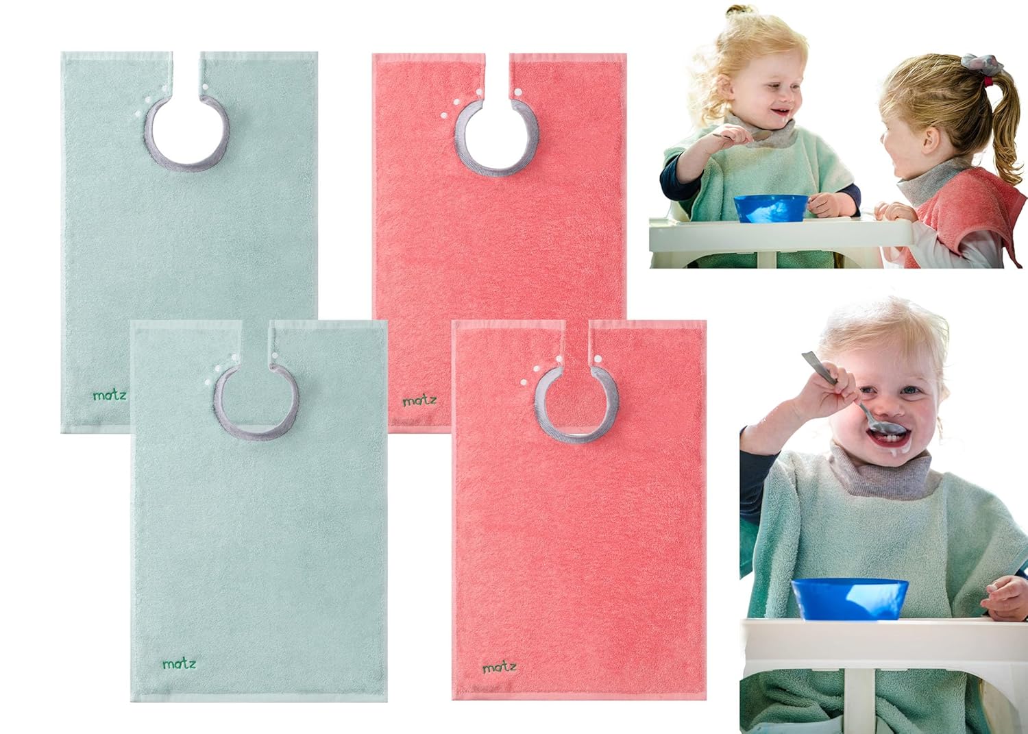 MATZ Terry Towel Snap On Toddler & Baby Bibs | For Feeding Drooling And Teething | Full Coverage For Babies | Ultra Absorbent 100% Cotton Bibs | Unisex | With Soft Ribbed Neck