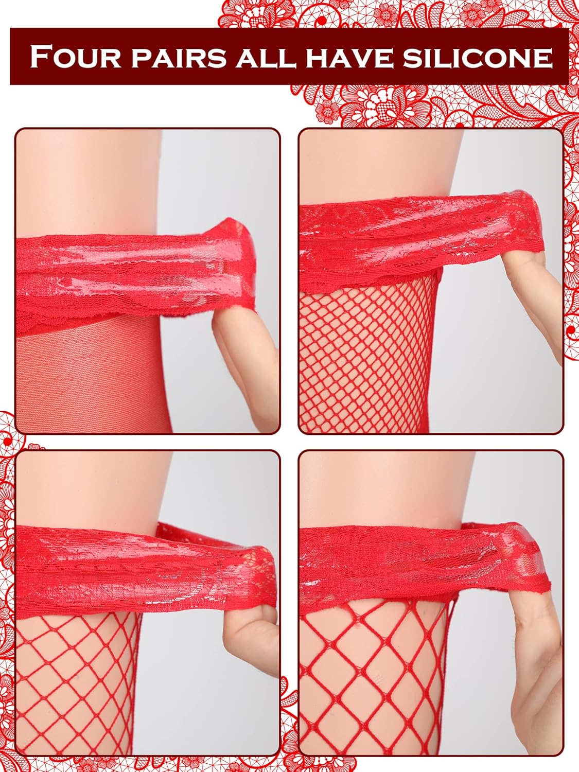 Bencailor 4 Pairs Fishnet Thigh High Stocking for Women Silicone Lace Top Sheer Over Knee Stockings - Image 5