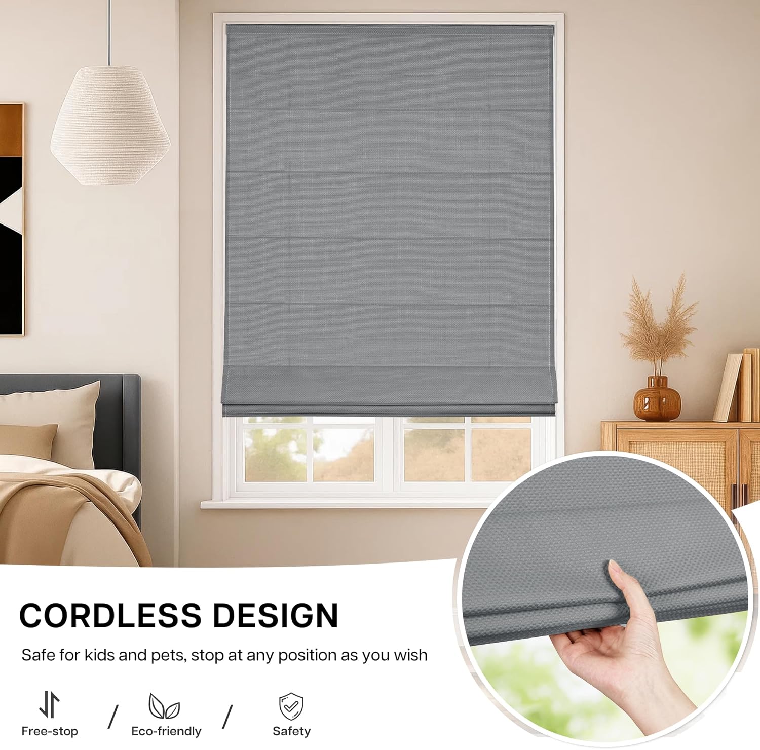 LazBlinds Cordless Roman Shades - No Drill Easy Install Light Filtering Window Blinds, Thermal Insulated Room Darkening with UV Blocking for Bedroom/Living Room, Window Size 31" W x 64" H, Charcoal