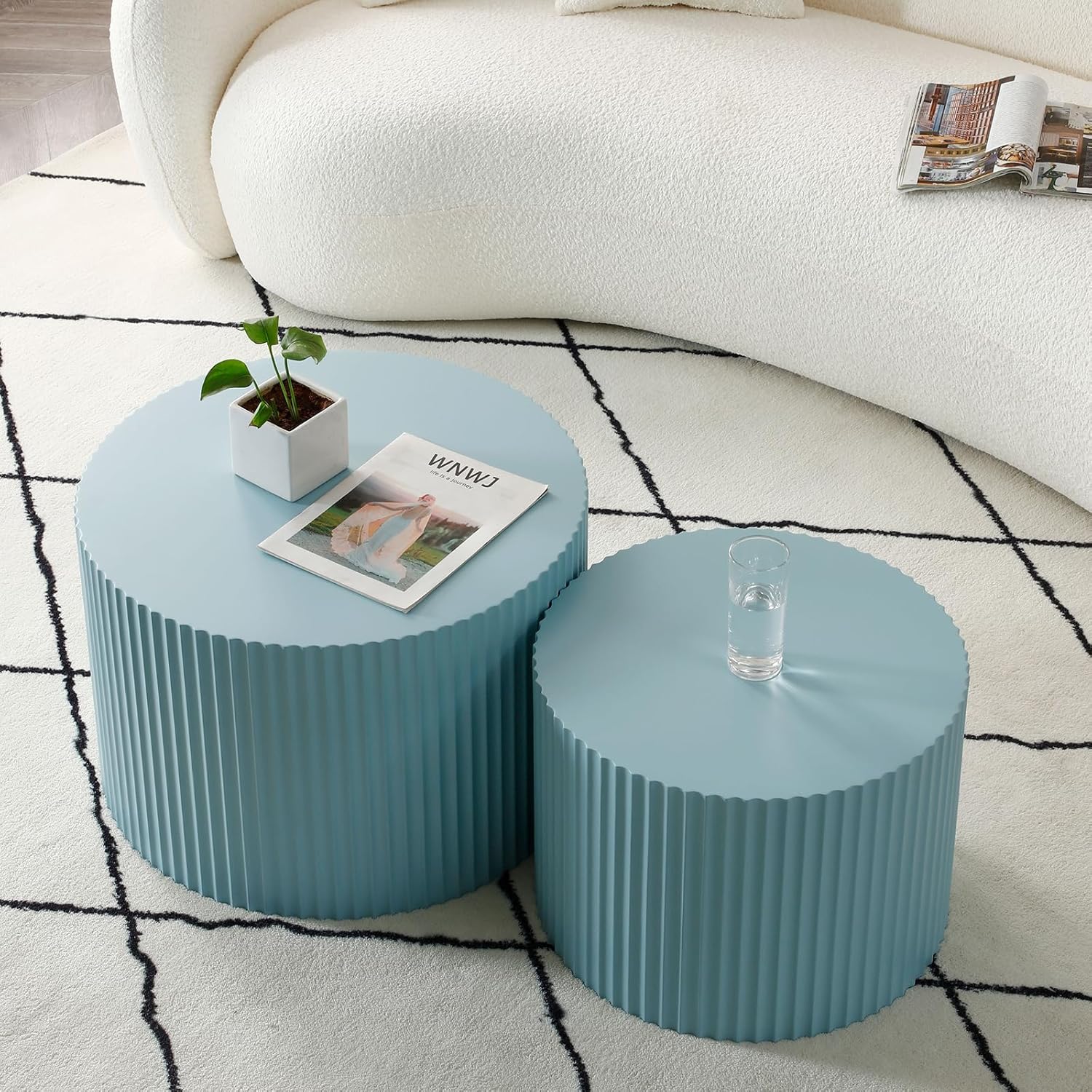 Nesting Round Coffee Table Set of 2, Modern Wood Drum Side Accent End Table Embossed Design Circular Coffee Table Set for Living Room Bedroom, Blue