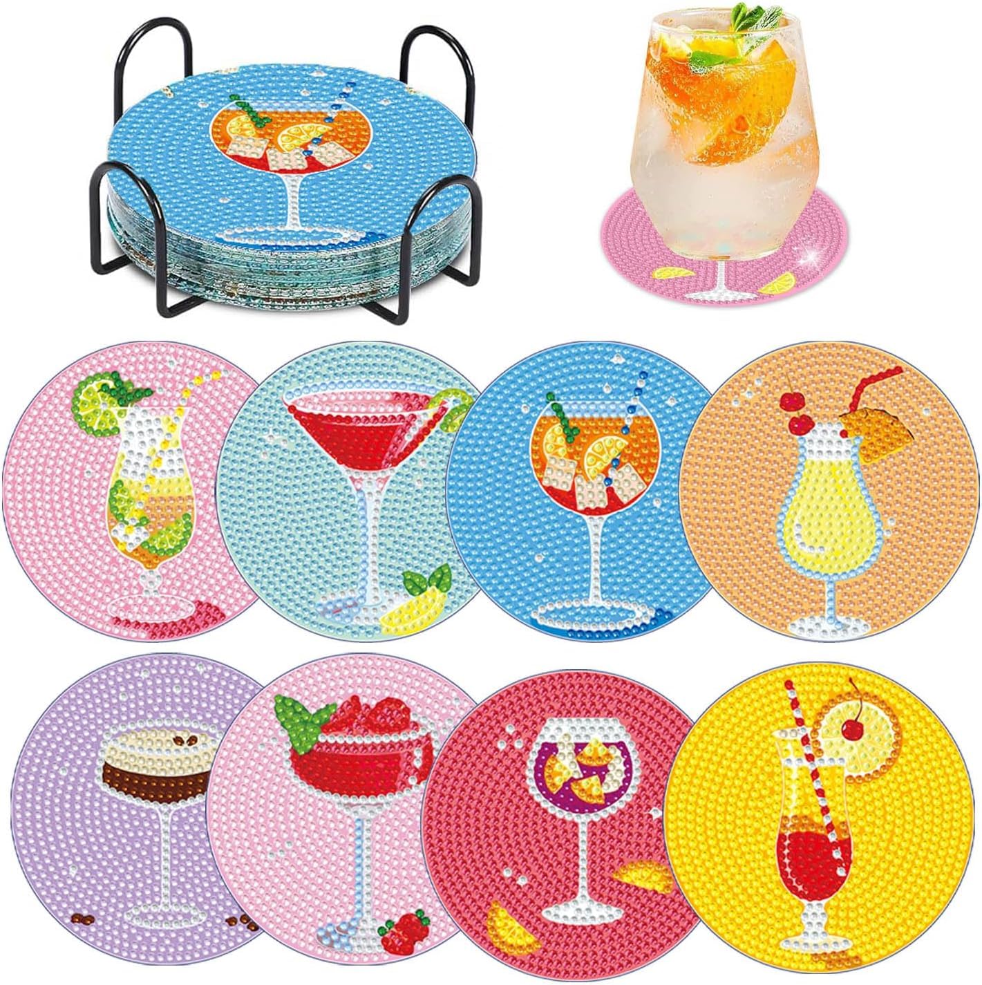 BEAYIOU 8 PCS Cocktail Diamond Art Coasters Kits, DIY Drink Coasters Art Crafts Supplies for Adults, Cup Mat for Home Decor House Warming Gifts, Non-Slip