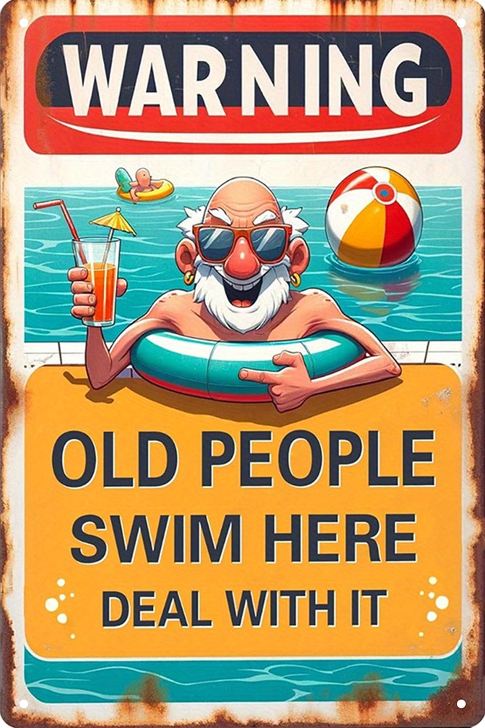 Formeyart Warning: Old People Swim Here Retro Warning Tin Sign,Vintage Beware Metal Sign Wall Decor For Outdoors Bar Yard, Farm, Fence, Home, 8X12 Inches (Warning: Old People Swim Here)