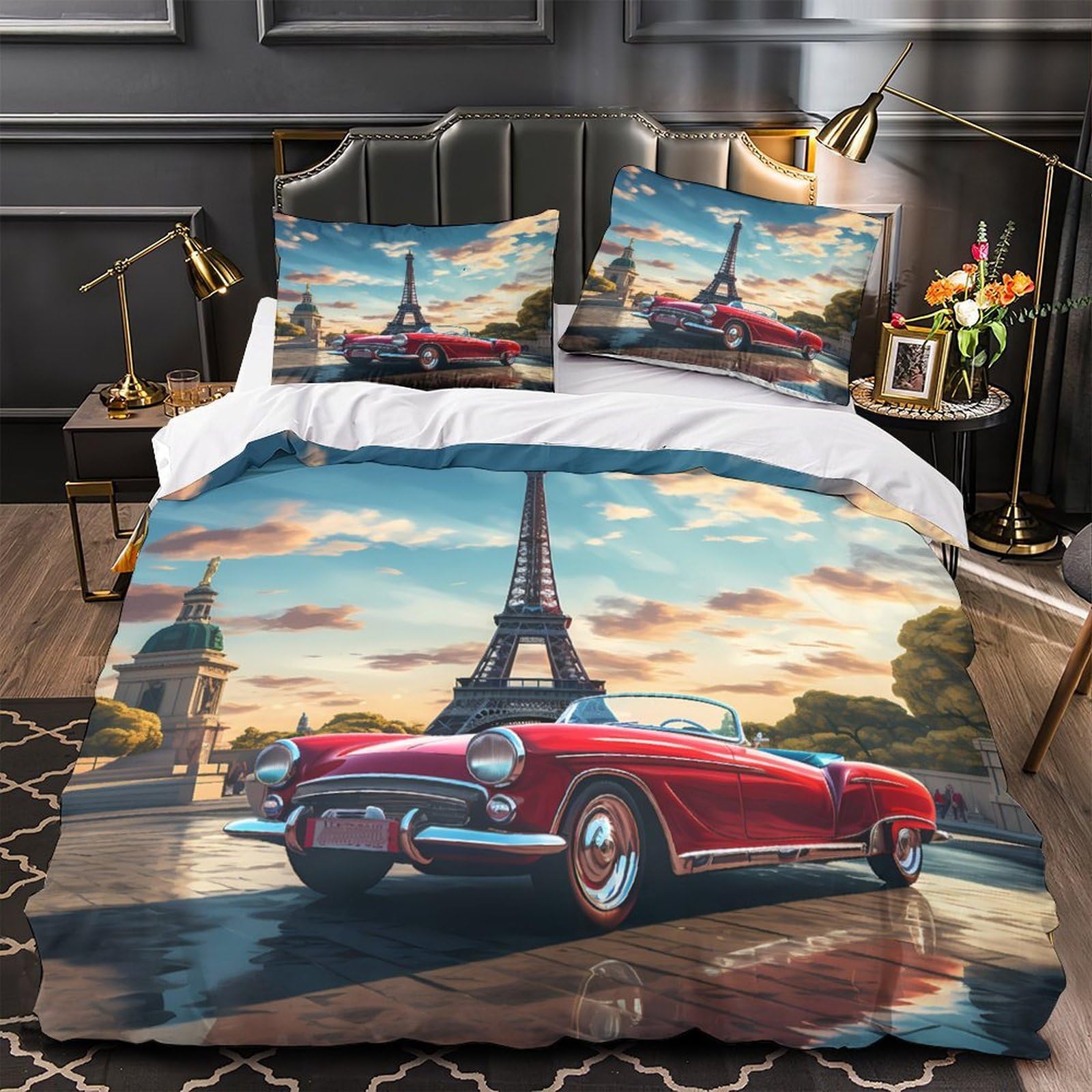 Housse de couette rétro pour chambre déco scène parisienne