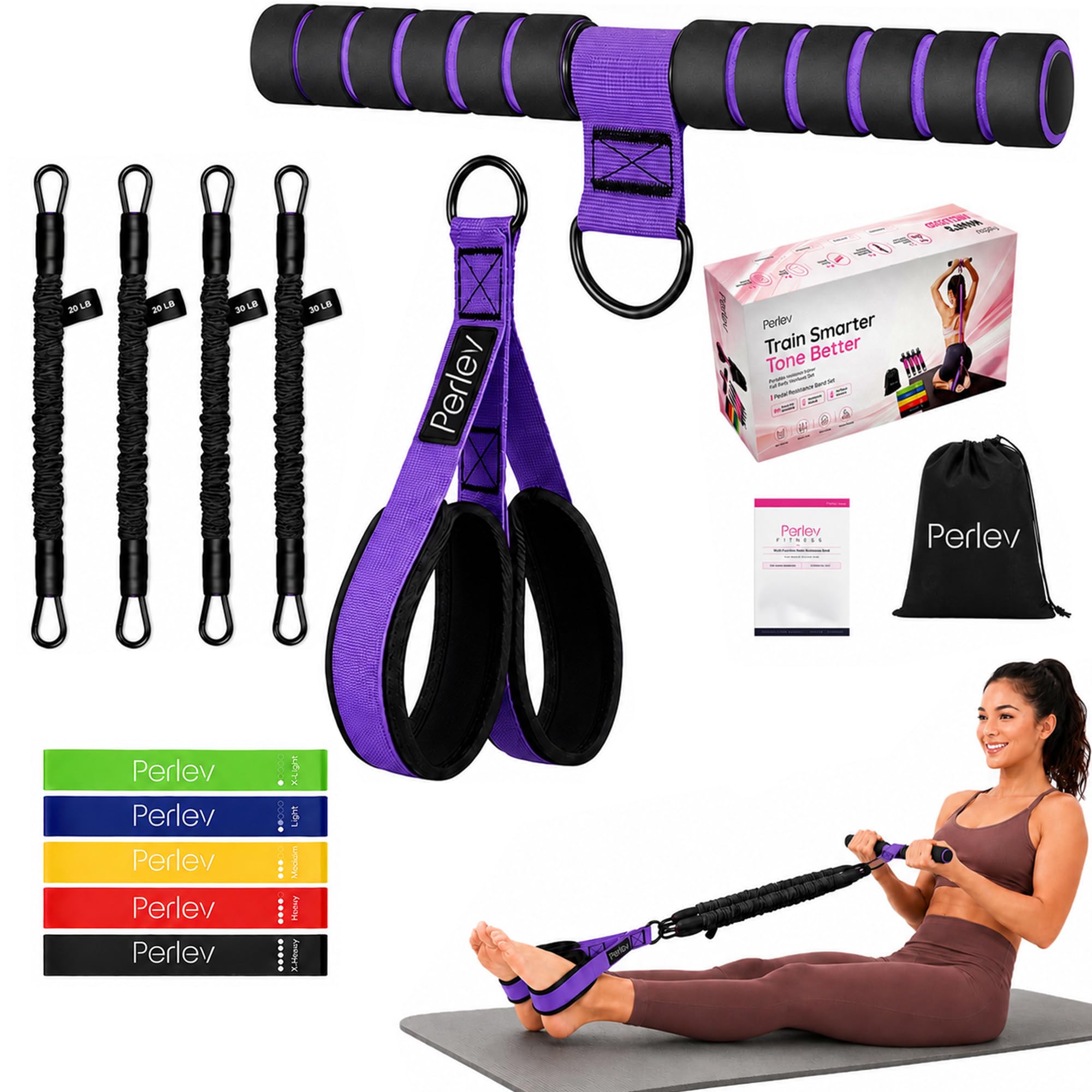 Perlev Pedal Resistance Band with Handle, 4 Tube Adjustable Resistance Bands & 5 Loop Bands Set, Up to 100LB Home Workout Equipment for Women, Abs, Core, Legs, Glutes & Pilates (Purple)