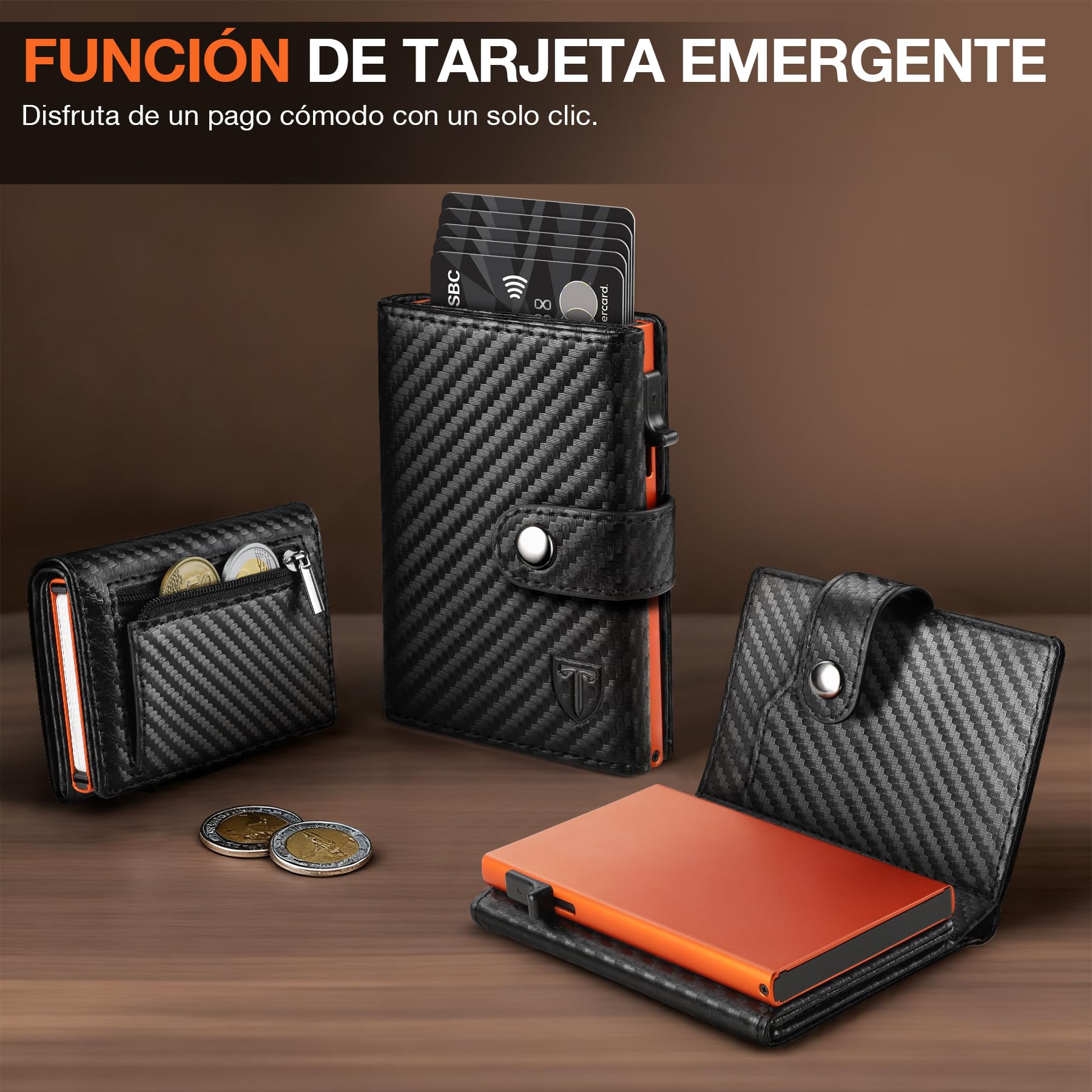 TENBST Cartera Hombre Fibra de Carbono RFID Bloqueo Negro-Naranja