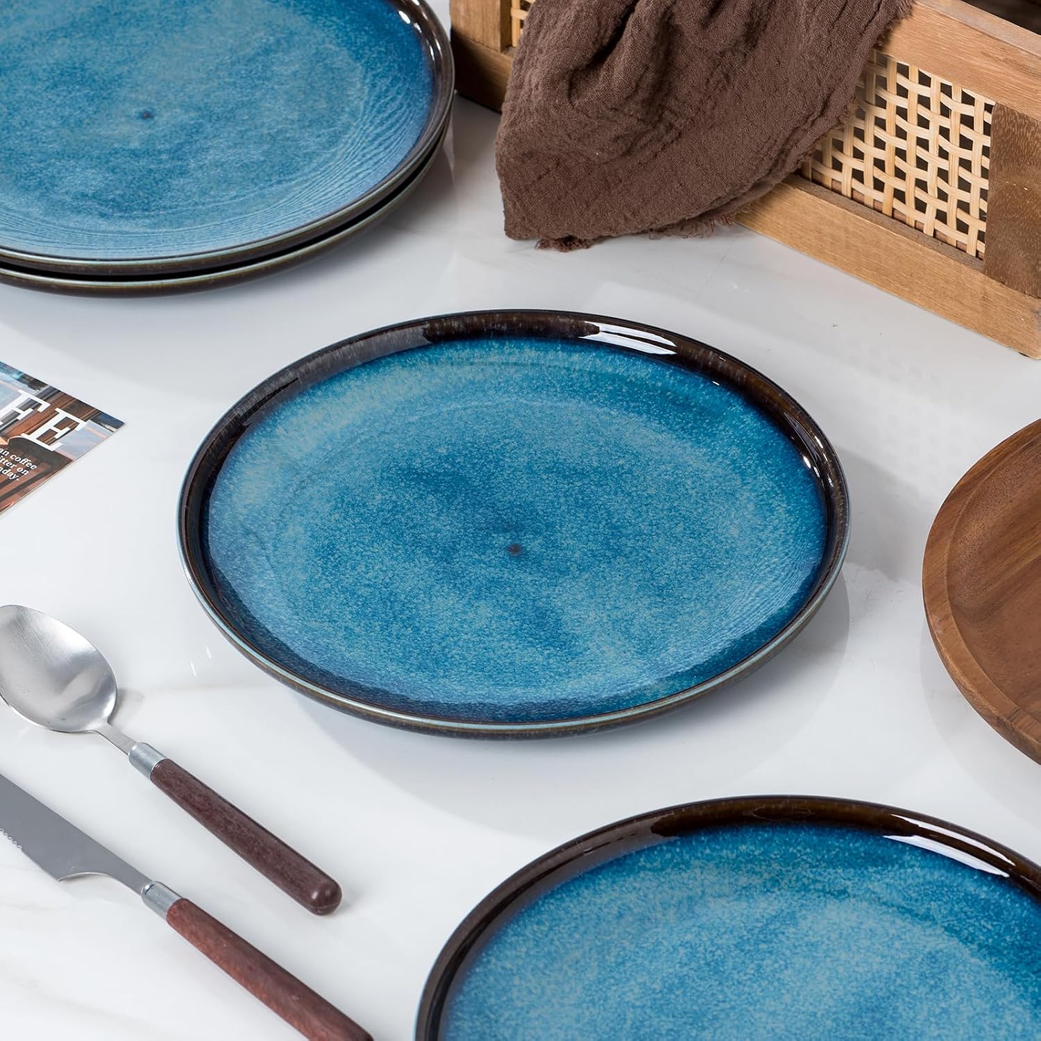 Jusalpha Set of 4 Ceramic Dinner Plates, 10 Inch, Dark Blue Reactive Glaze, Porcelain, Modern Shape, Microwave & Dishwasher & Oven Safe (4, 10 Inches)